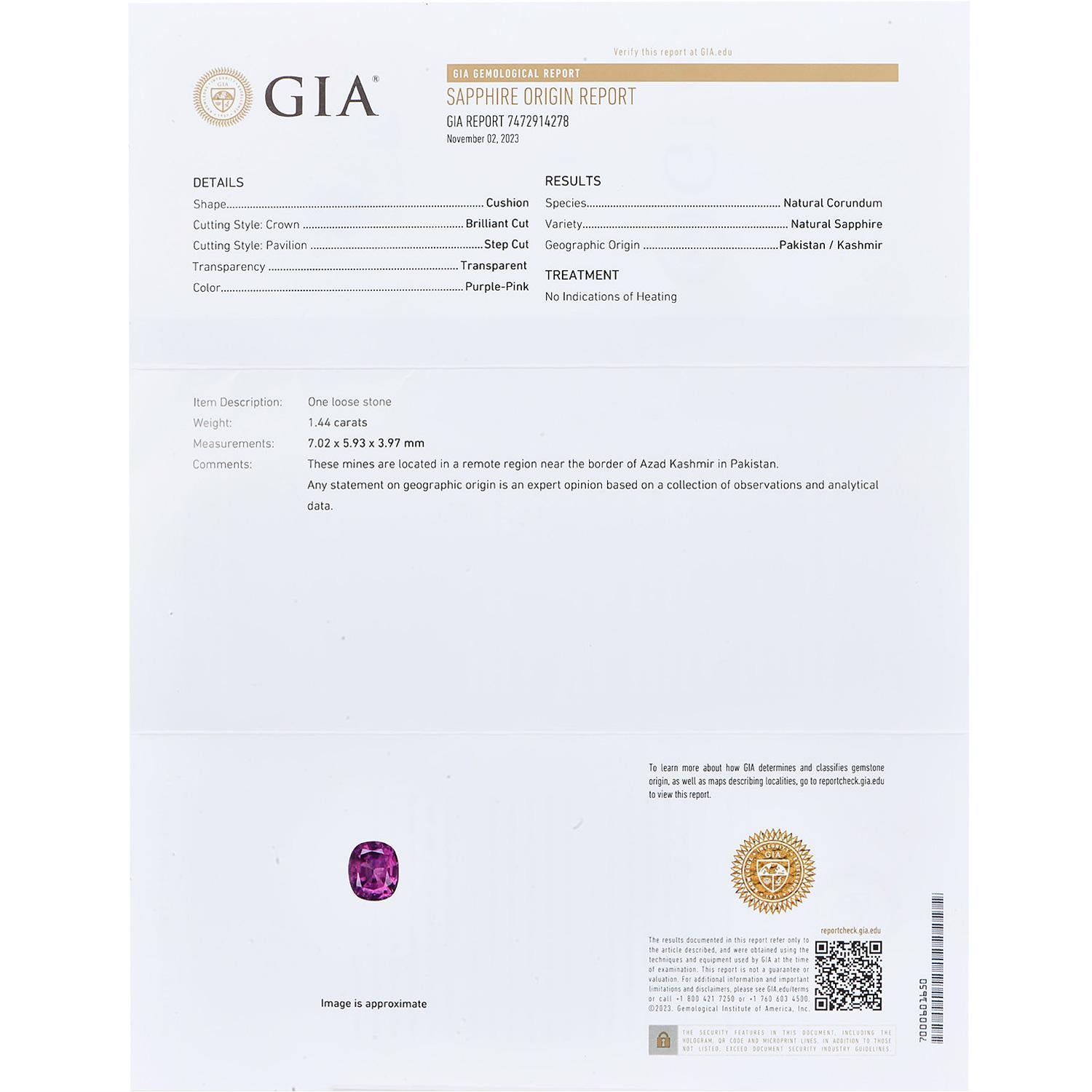 GIA Zafiro rosa de Cachemira sin calor talla cojín Anillo de compromiso 18K en venta 2