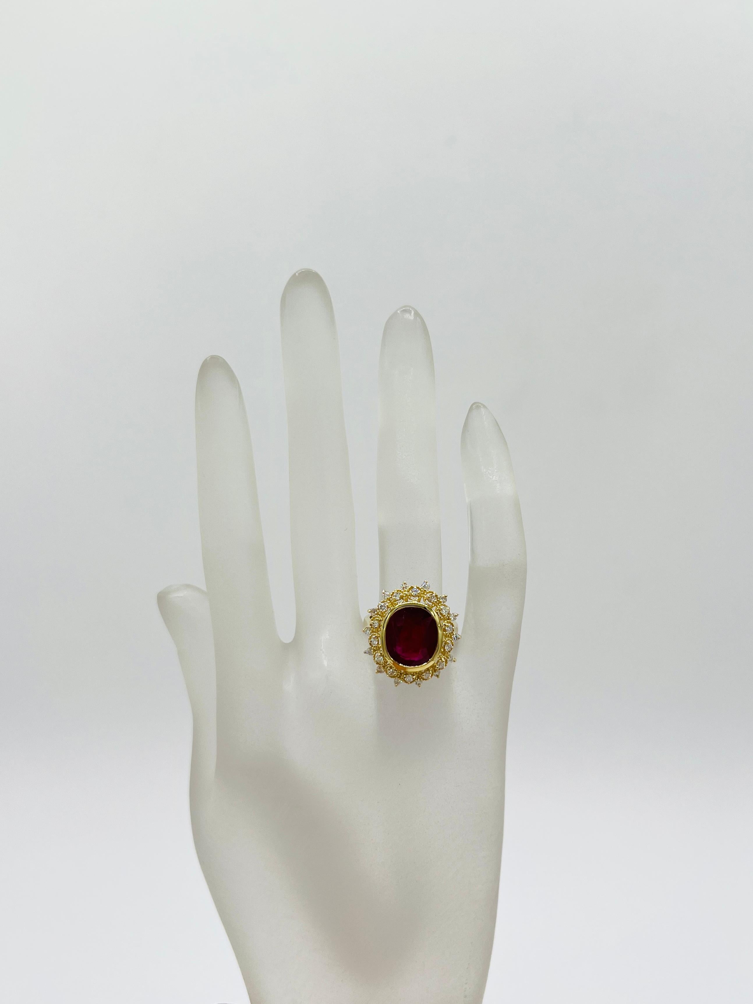 Oval Cut GIA No Heat Mozambique 5 Carat Ruby Oval and White Diamond Ring in 18K For Sale