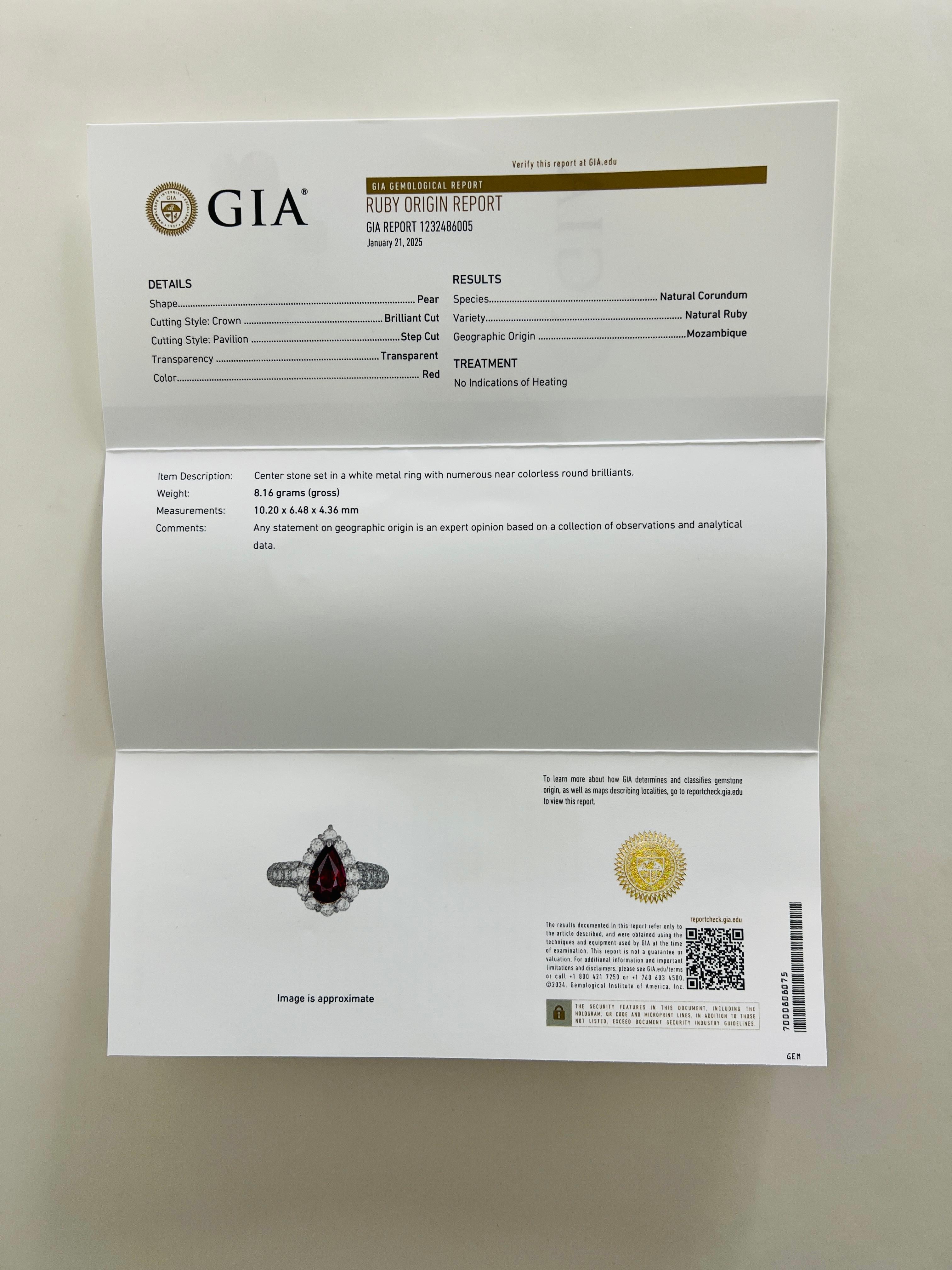 GIA Ring aus Platin mit unbehandeltem Mosambik-Rubin in Birnenform und weißem Diamanten in Platin im Angebot 5
