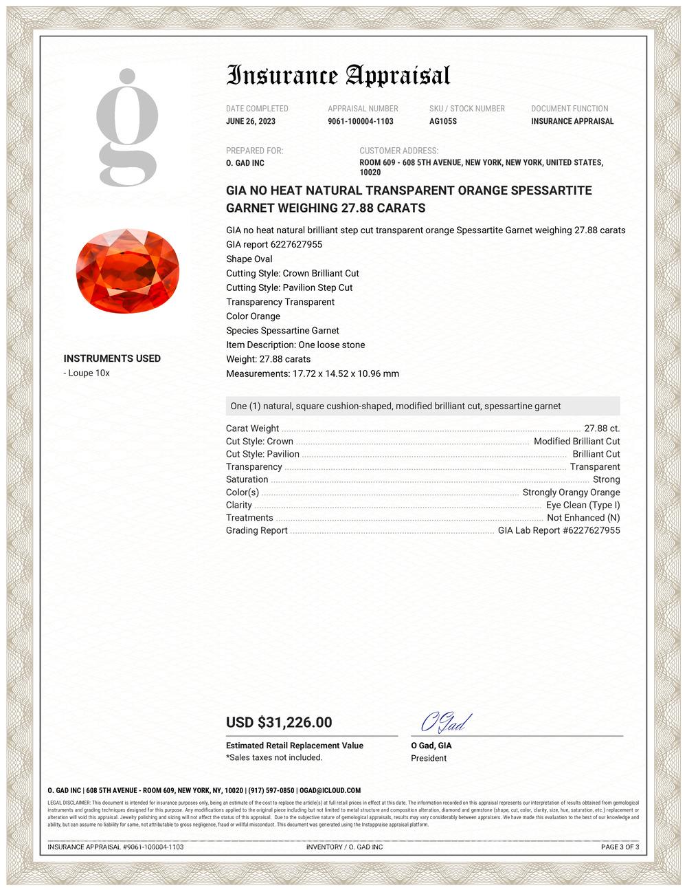 GIA Transparenter orangefarbener Spessartit Granat ohne Hitze mit 27,88 Karat (Zeitgenössisch)