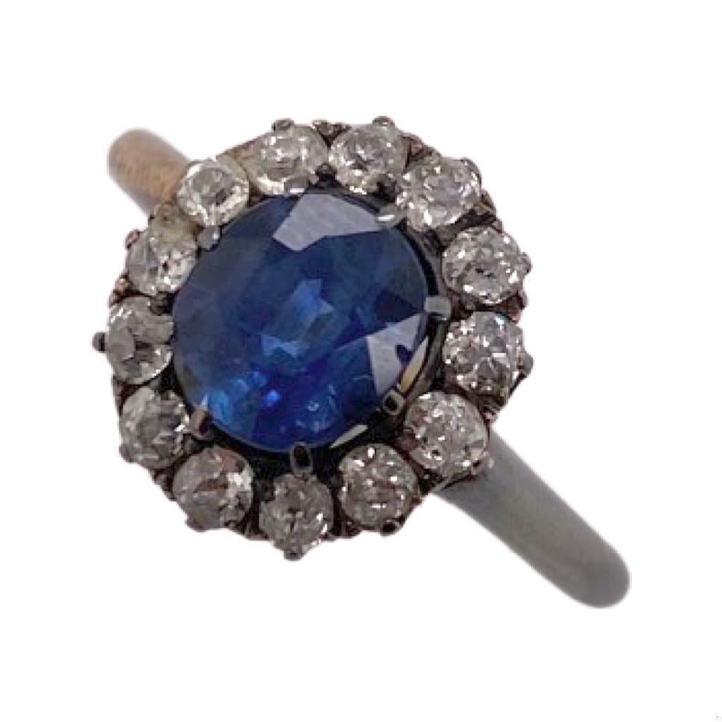 A sapphire ring can be even more perfect by adding diamonds in a halo setting. On top of that, this ring features a two-tone color on the shank, giving it an additional flair, and making it even more special. In size 7.25, the total carat weight of