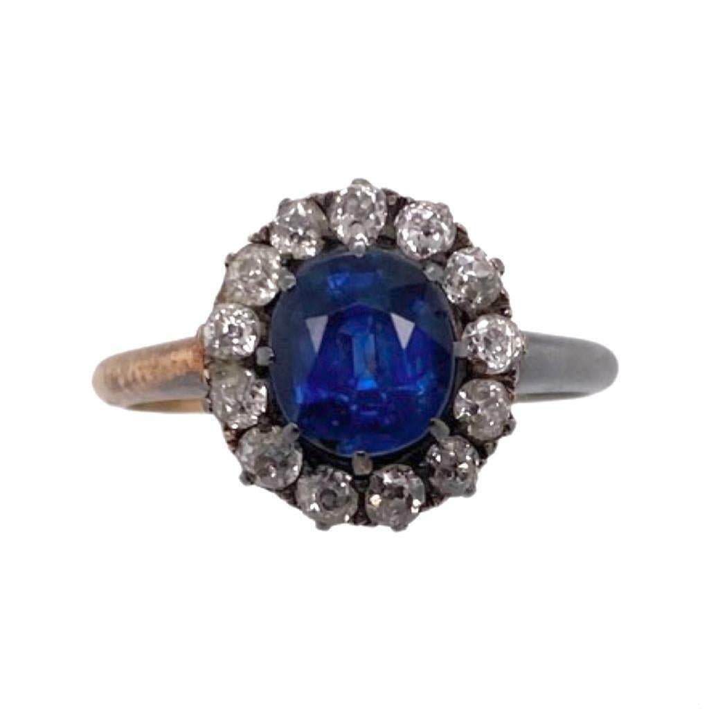 Oval Cut GIA NO HEAT Oval Sapphire and Old European Cut Diamond Halo 18k Two -Tone Ring For Sale