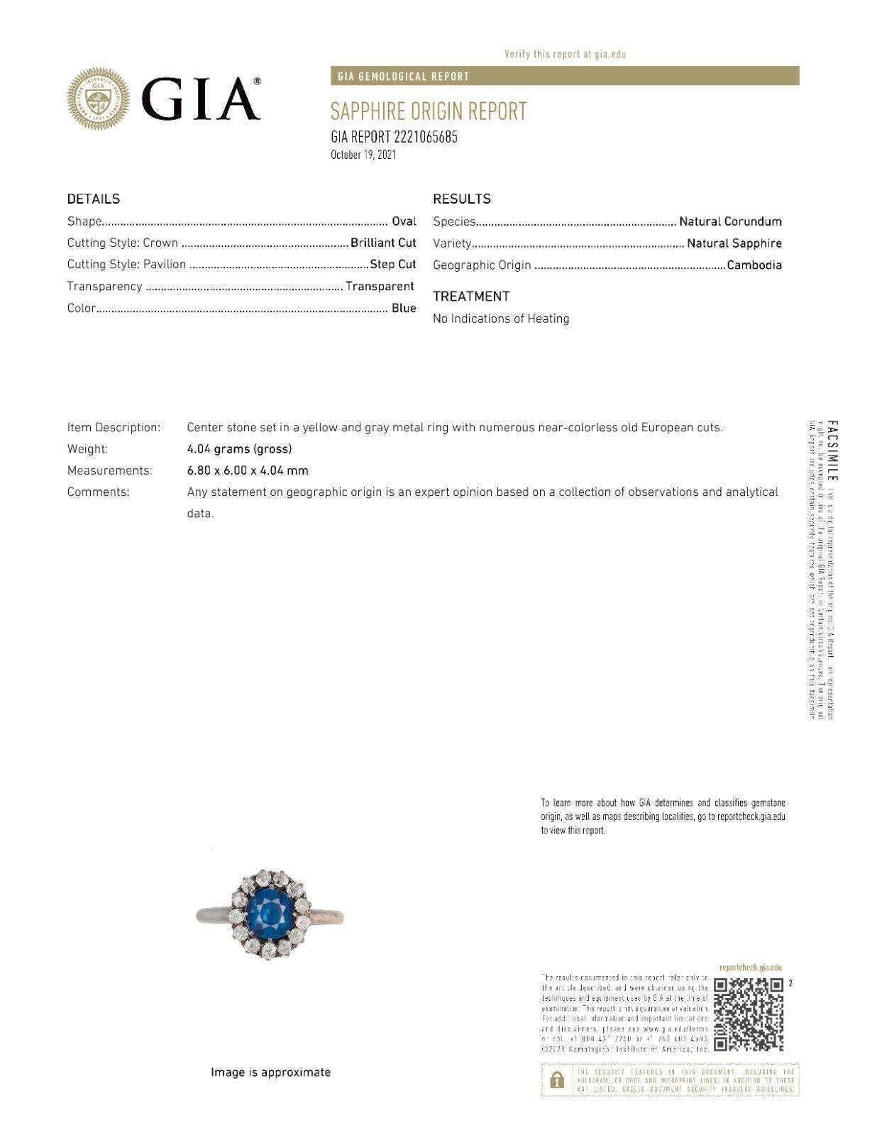 Women's GIA NO HEAT Oval Sapphire and Old European Cut Diamond Halo 18k Two -Tone Ring For Sale