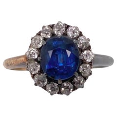 GIA NO HEAT Oval Sapphire and Old European Cut Diamond Halo 18k Two -Tone Ring