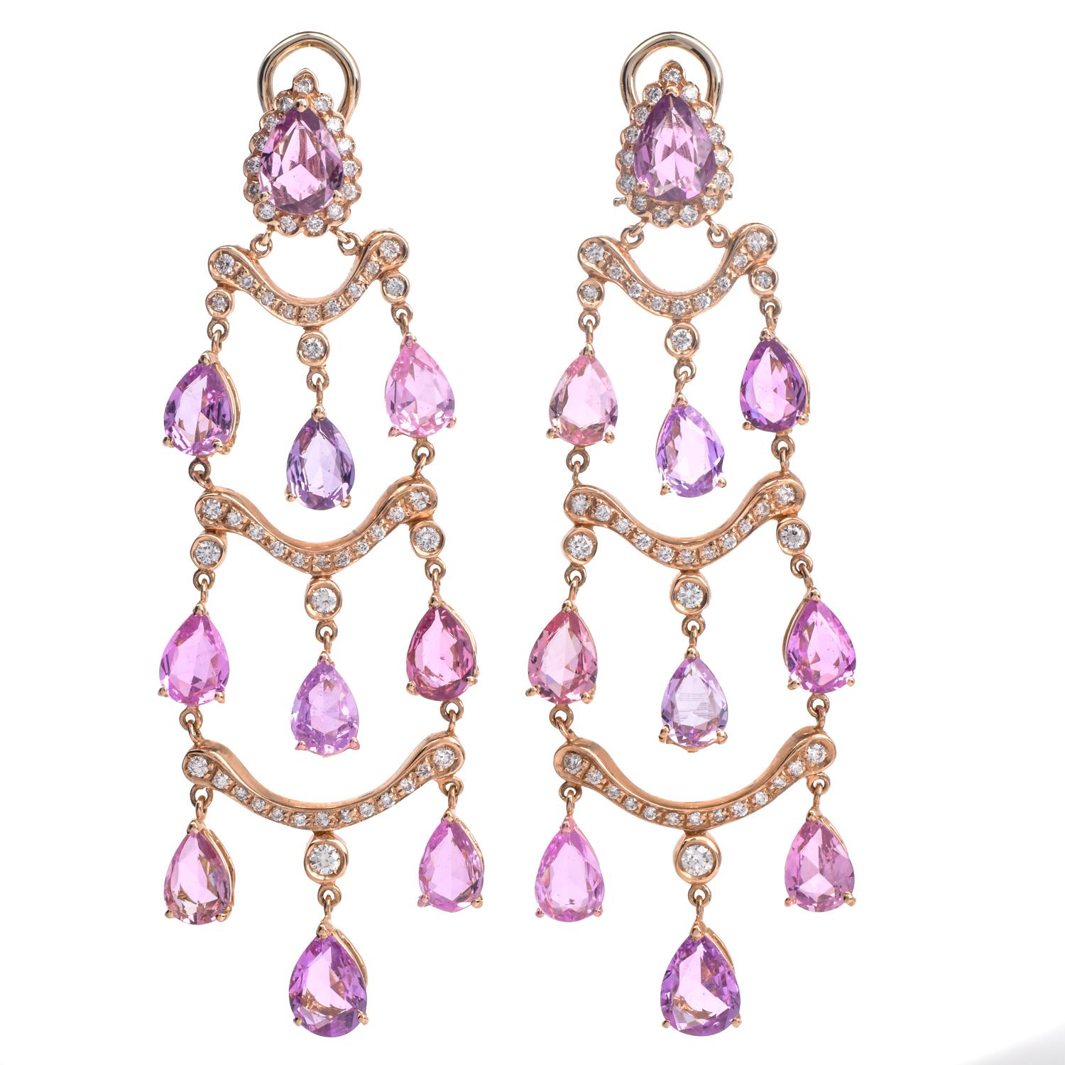GIA Sin Calor Zafiro Rosa 17cts Diamante 18K Oro Pendientes Araña Moderno en venta