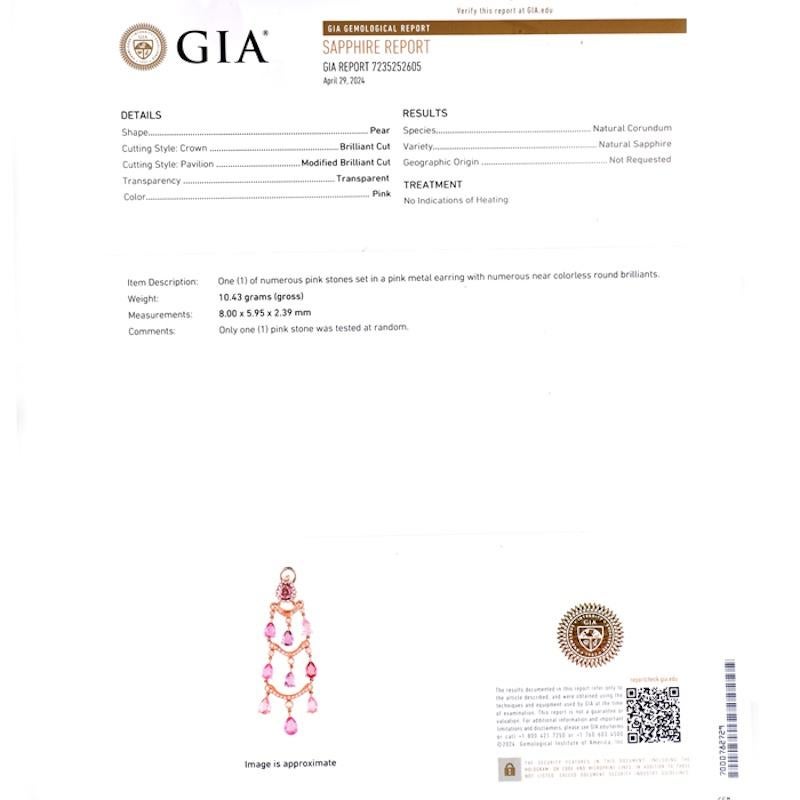 GIA Sin Calor Zafiro Rosa 17cts Diamante 18K Oro Pendientes Araña en Excelente estado para la venta en Miami, FL