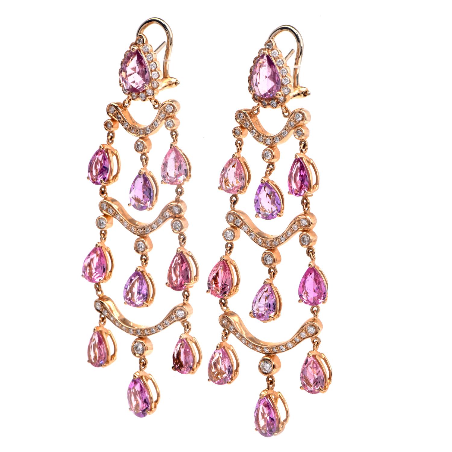 Femenino o masculino GIA Sin Calor Zafiro Rosa 17cts Diamante 18K Oro Pendientes Araña en venta