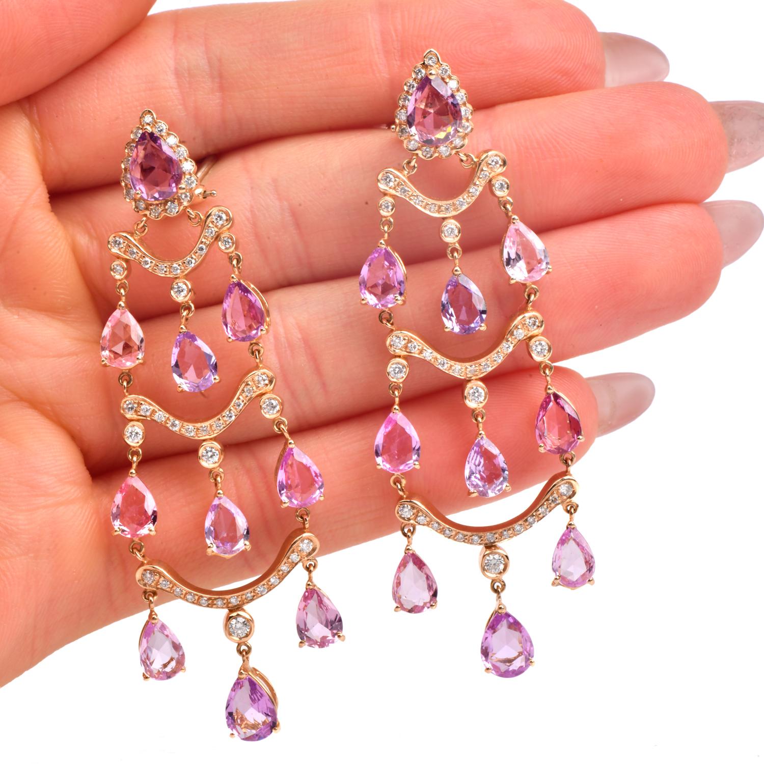 GIA Sin Calor Zafiro Rosa 17cts Diamante 18K Oro Pendientes Araña en venta 2
