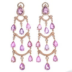 GIA No Heat Pink Sapphire 17cts Diamond 18K Gold Chandelier Earrings