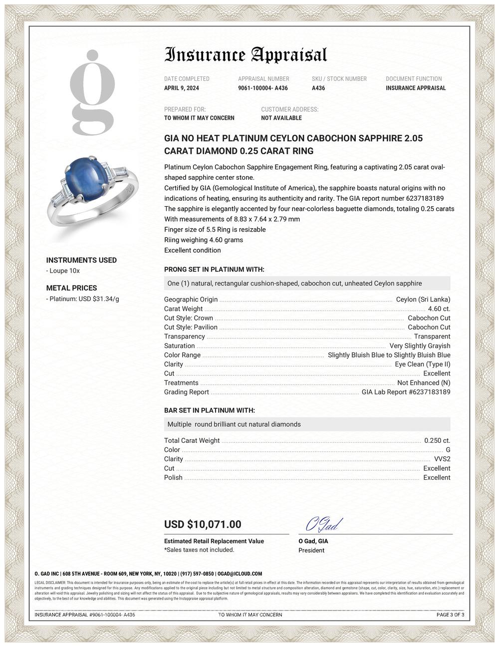 Contemporary GIA No Heat Platinum Ceylon Cabochon Sapphire 2.05 Carat Diamond 0.25 Carat Ring For Sale