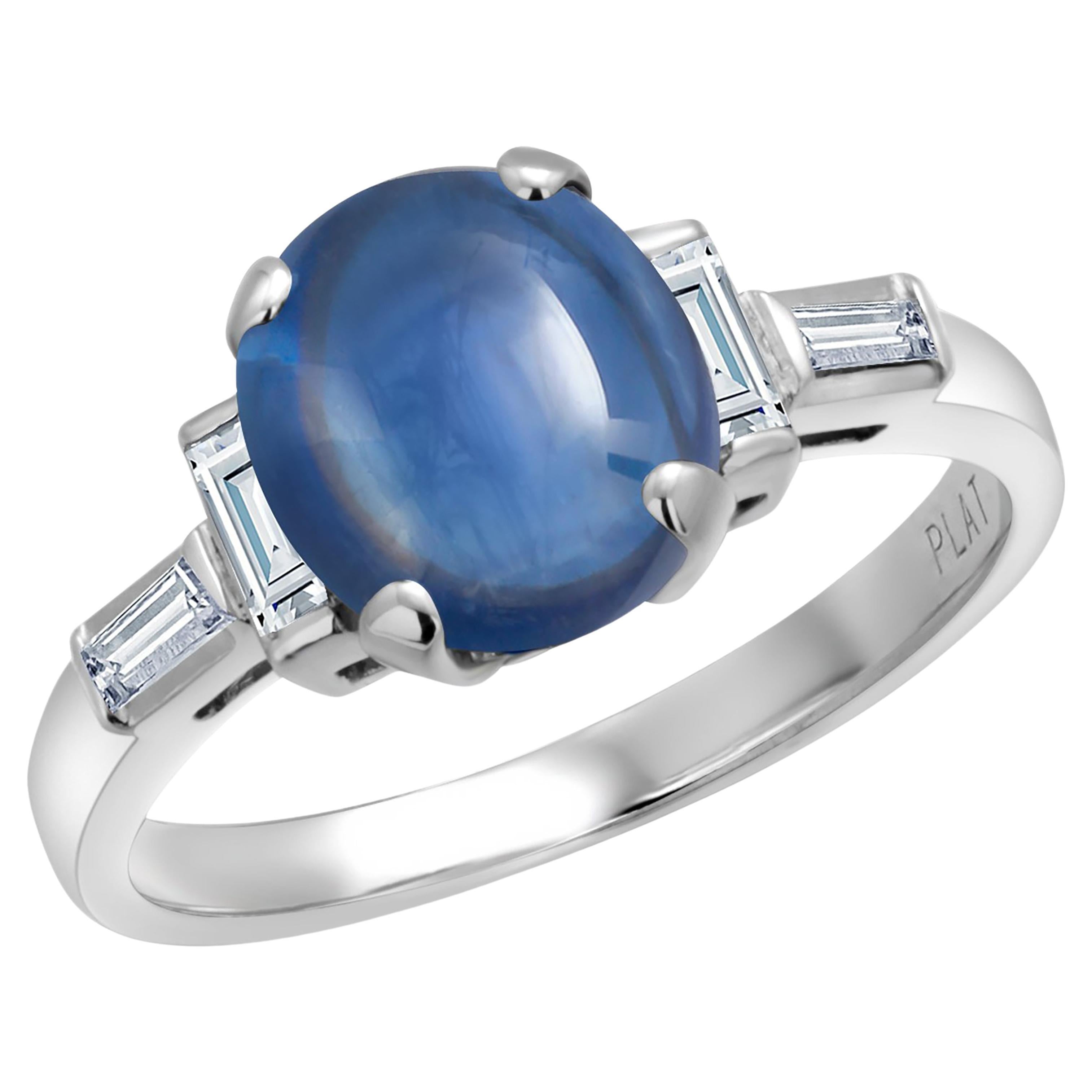 GIA No Heat Platinum Ceylon Cabochon Sapphire 2.05 Carat Diamond 0.25 Carat Ring