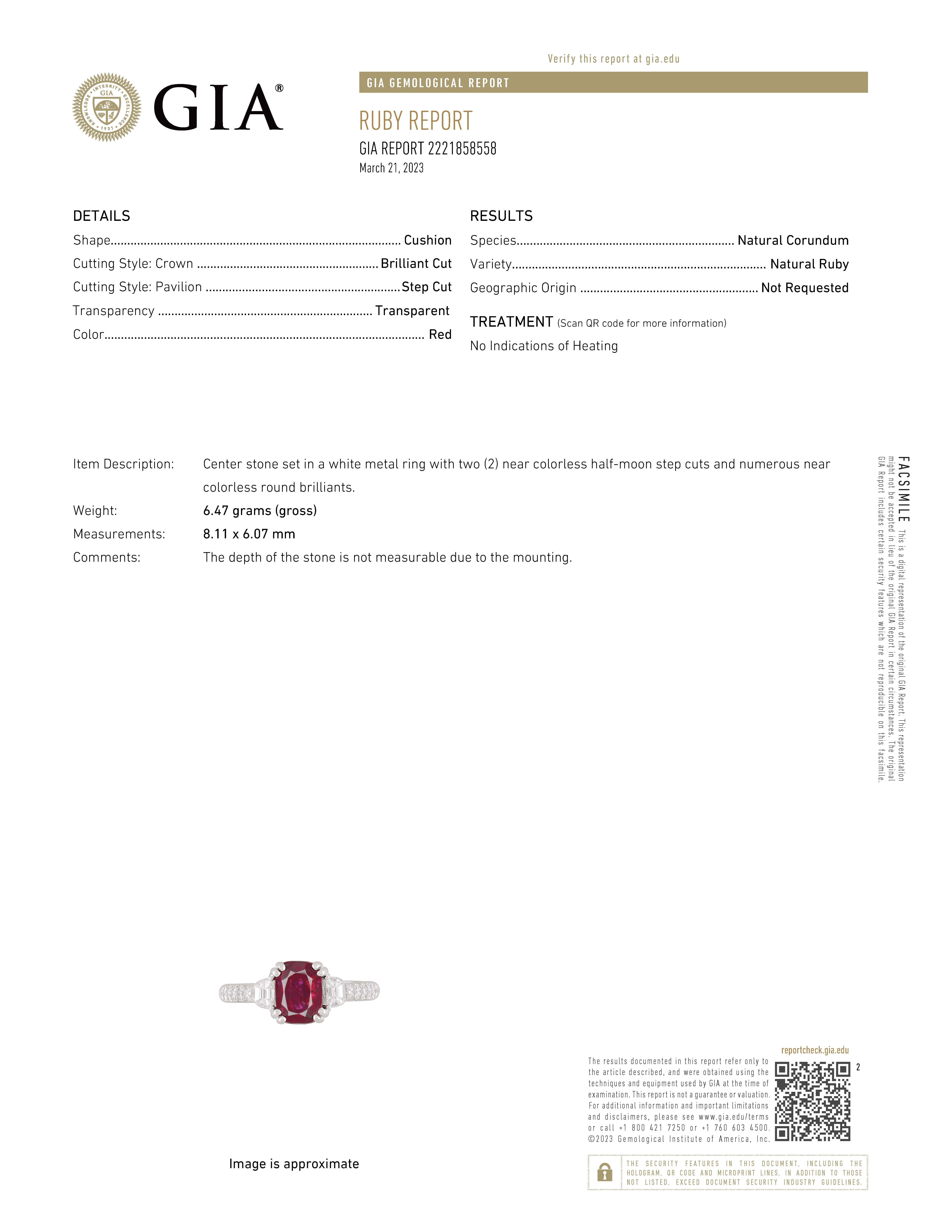 Introducing a truly exquisite and one-of-a-kind cocktail ring, adorned with a captivating 1.57-carat cushion-cut ruby, proudly certified by the Gemological Institute of America (GIA) as a NO HEAT gemstone. The GIA certificate (Certificate No: