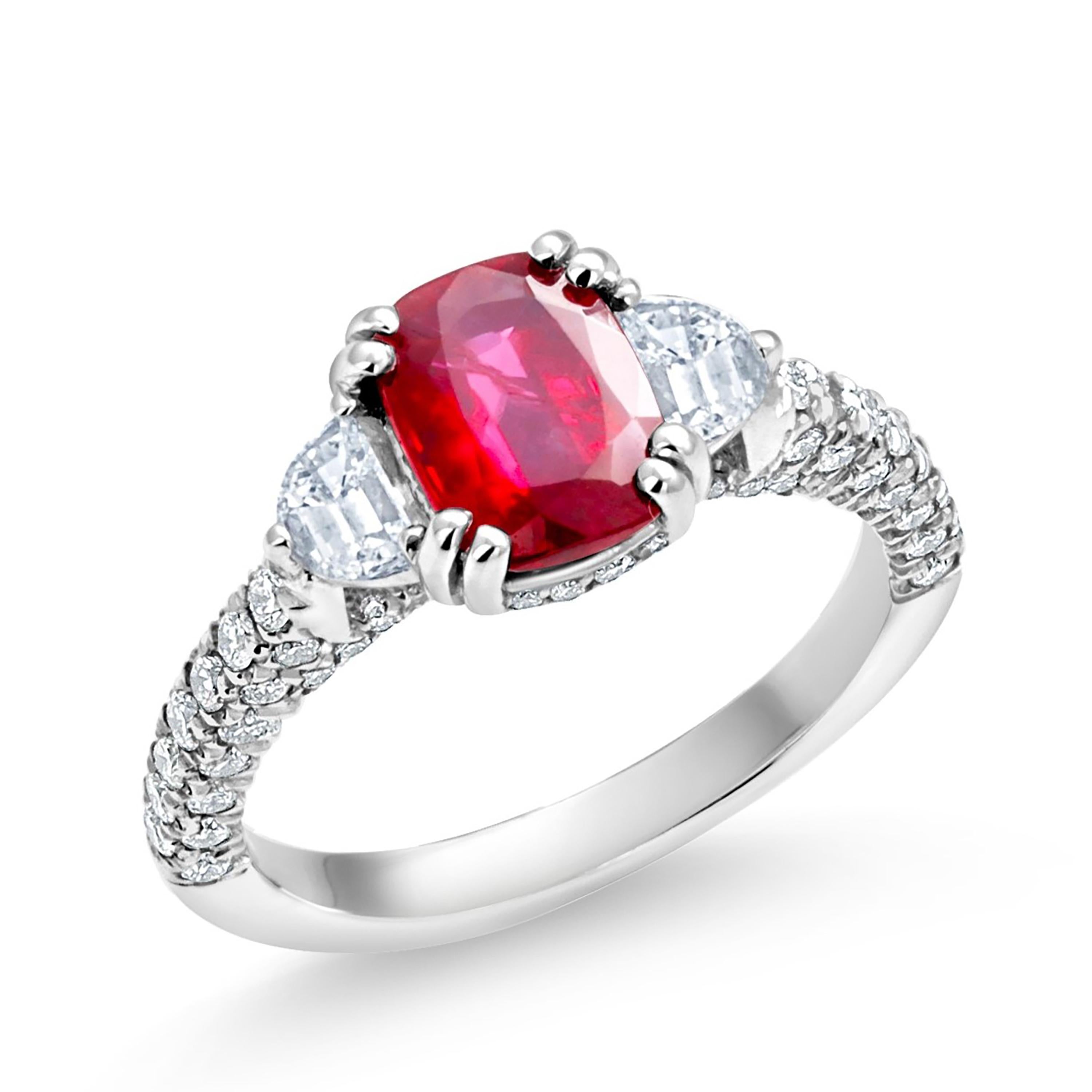 GIA Certified No Heat Cushion Ruby Half Moon Diamond Platinum Cocktail Ring  In New Condition For Sale In New York, NY
