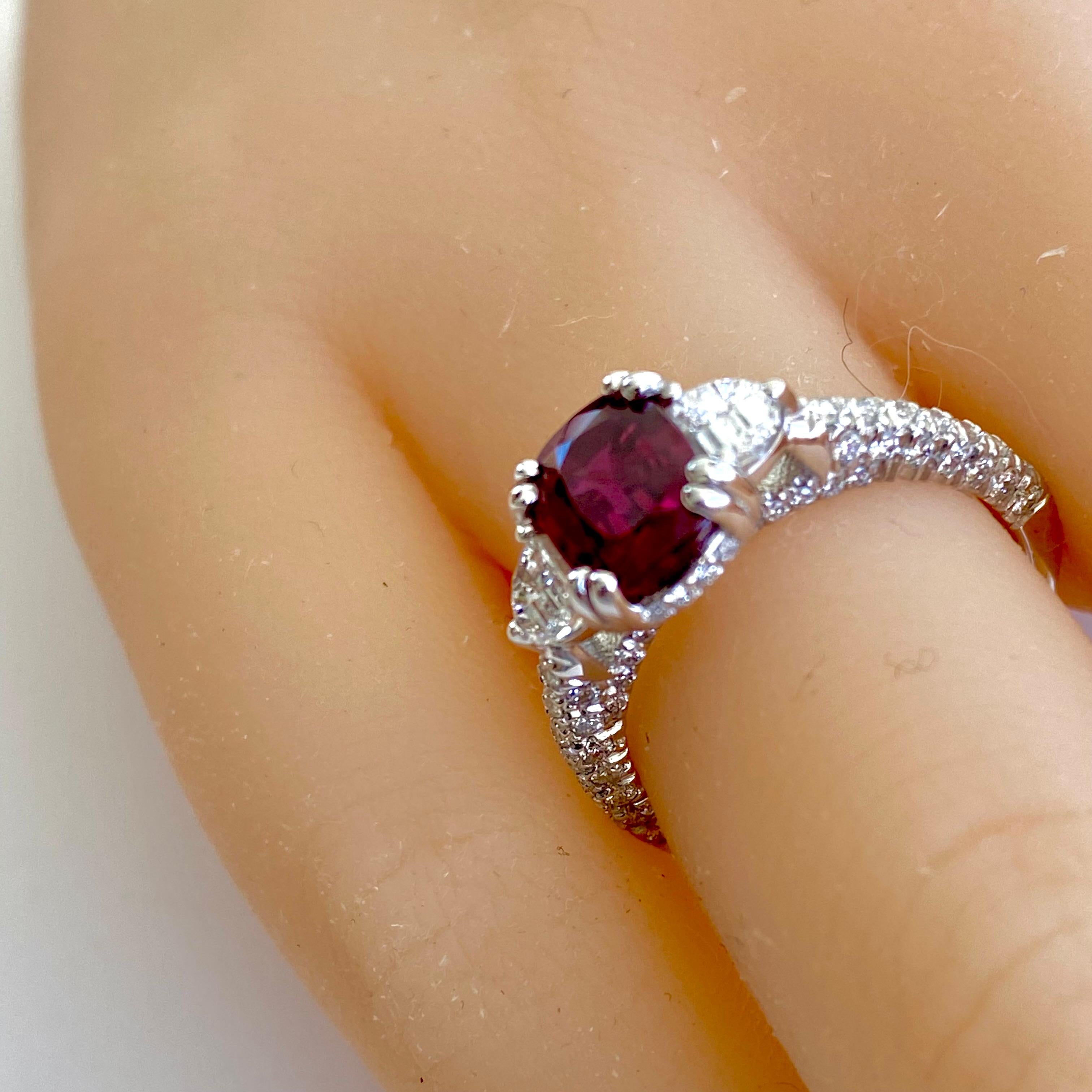 Cushion Cut GIA Certified No Heat Cushion Ruby Half Moon Diamond Platinum Cocktail Ring  For Sale