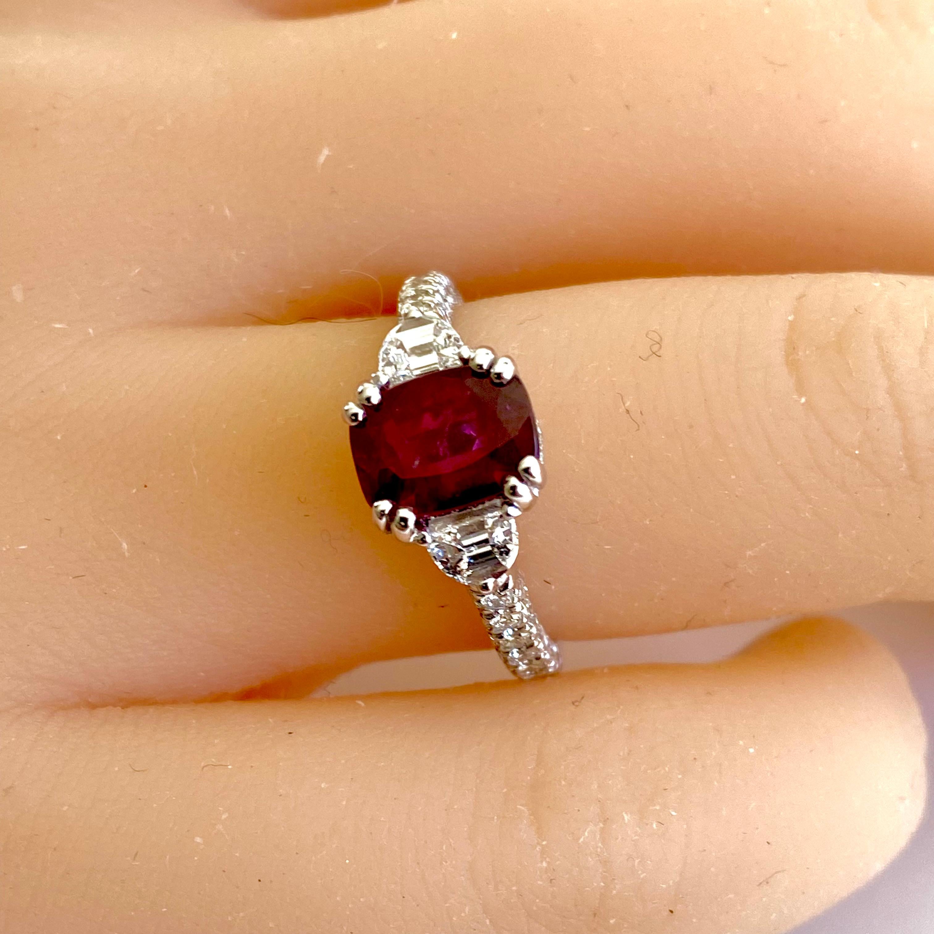 Women's GIA Certified No Heat Cushion Ruby Half Moon Diamond Platinum Cocktail Ring  For Sale
