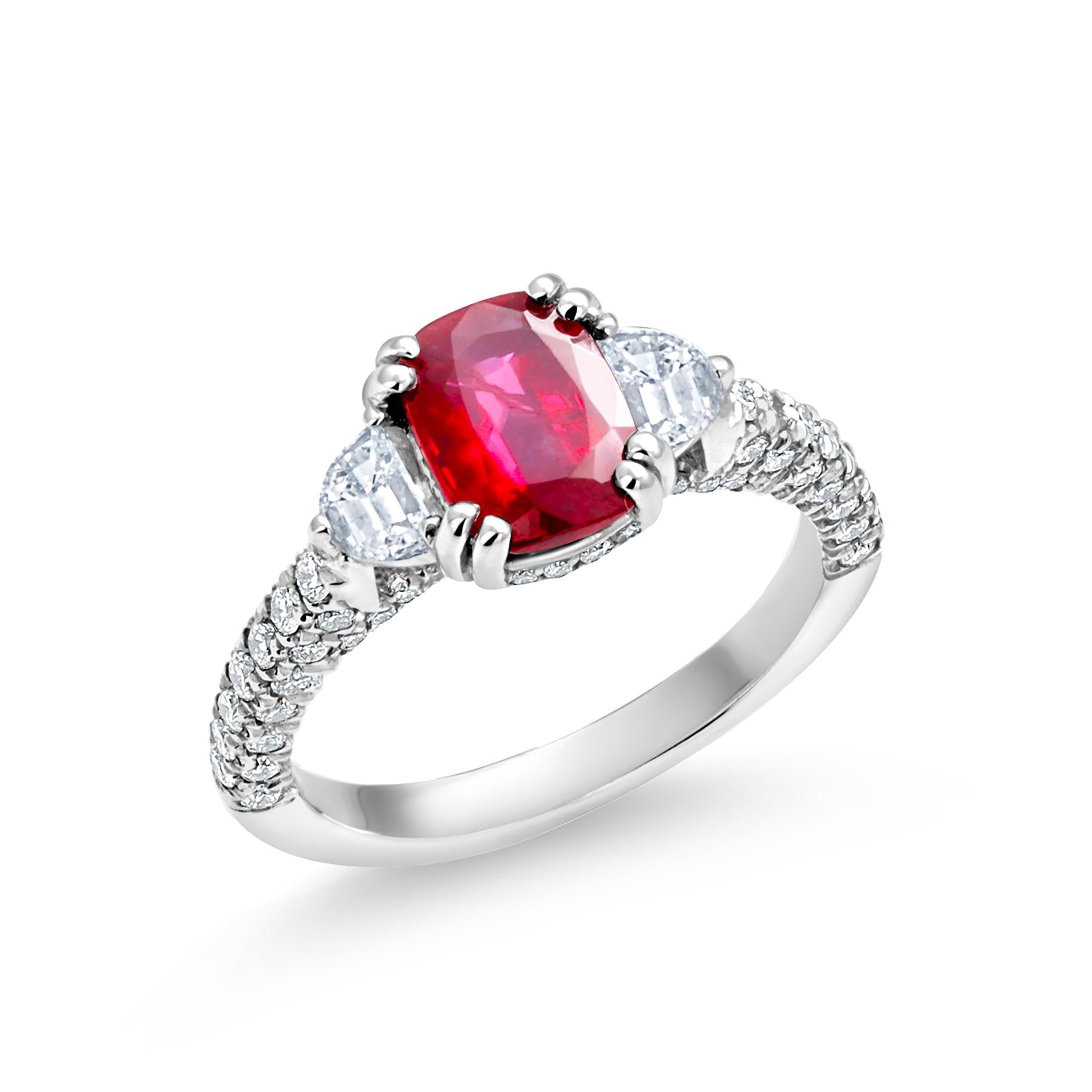 GIA Certified No Heat Cushion Ruby Half Moon Diamond Platinum Cocktail Ring  For Sale 1