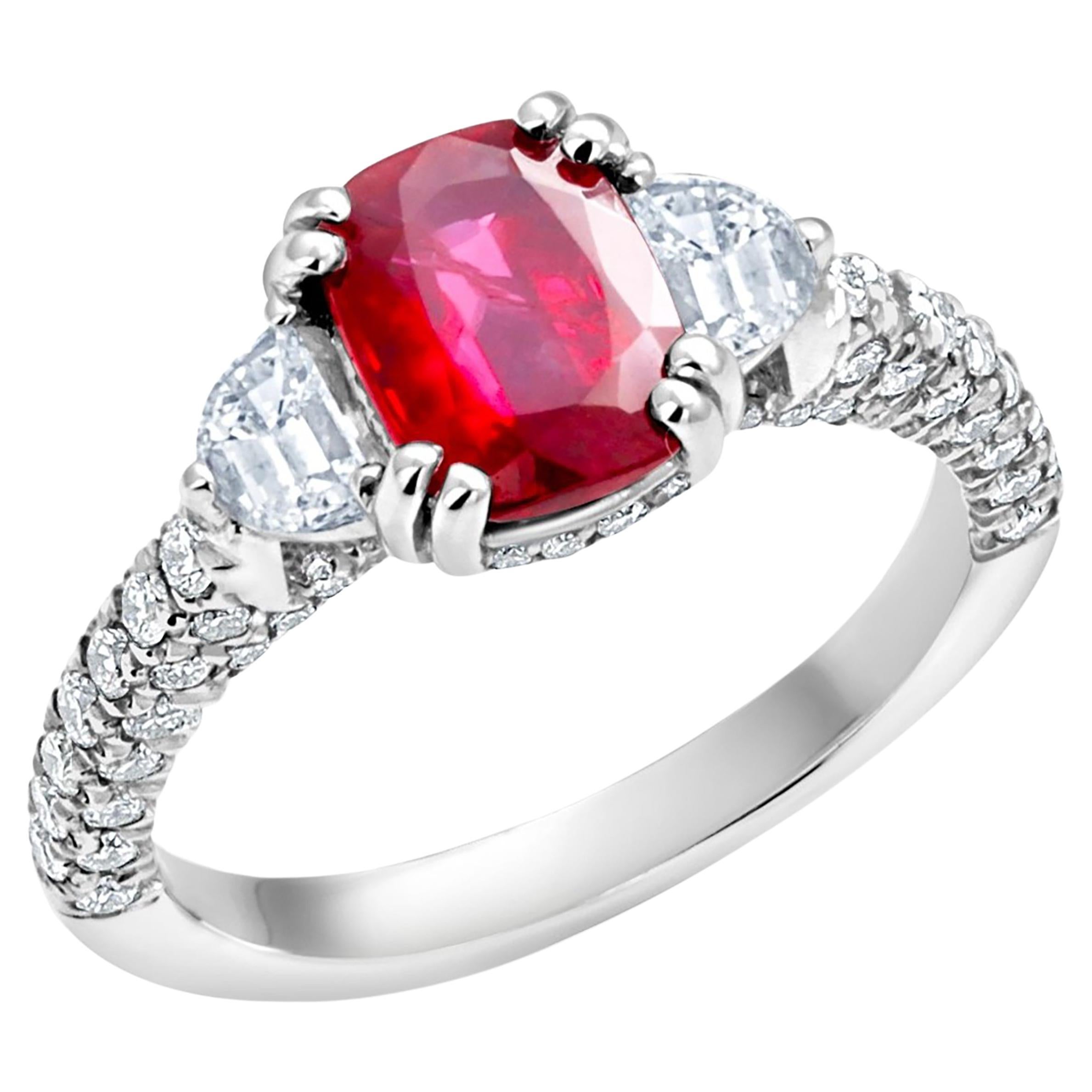 GIA Certified No Heat Cushion Ruby Half Moon Diamond Platinum Cocktail Ring  For Sale