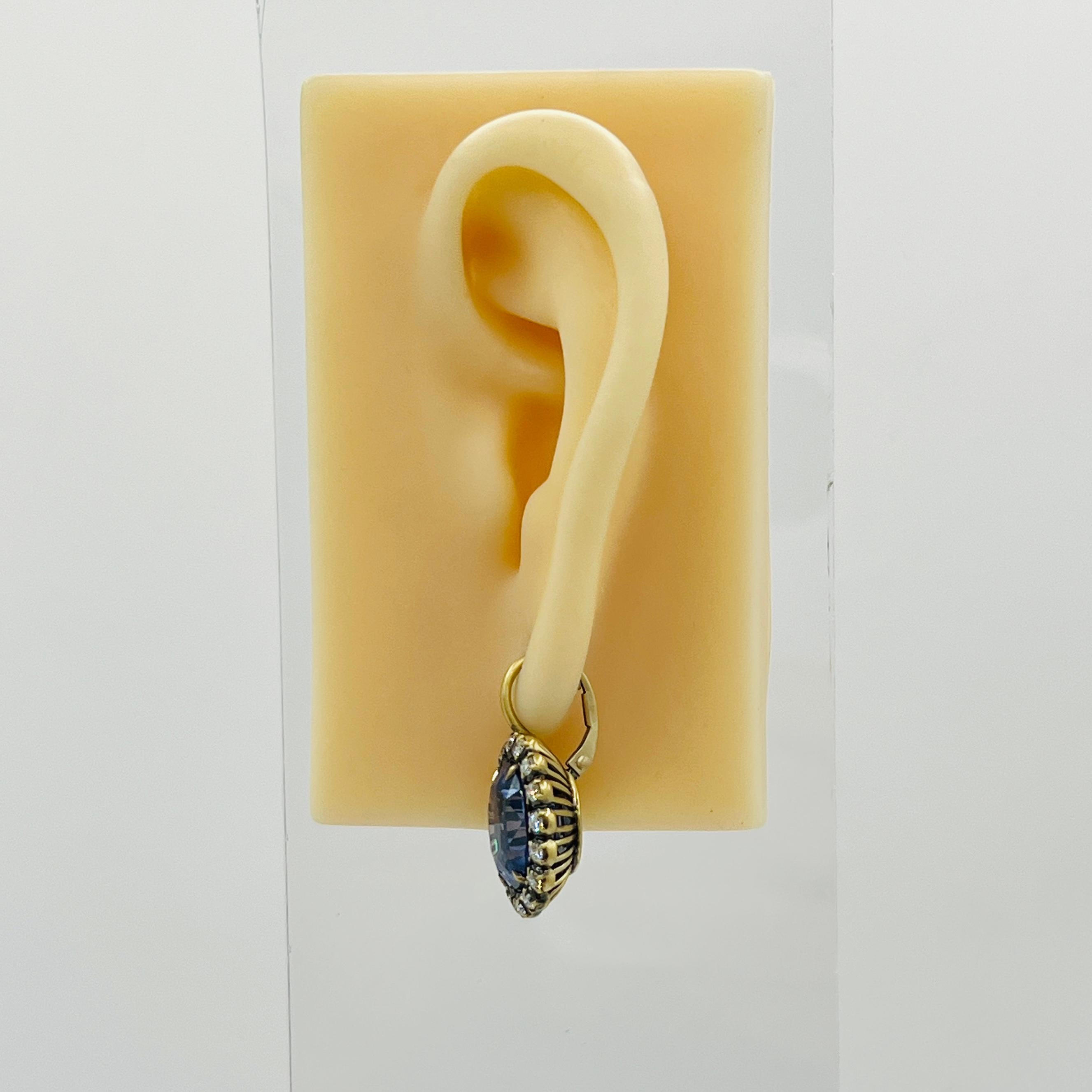 Oval Cut GIA No Heat Sapphire and White Diamond Dangle Earrings in 18K Yellow Gold