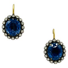 GIA No Heat Sapphire and White Diamond Dangle Earrings in 18K Yellow Gold