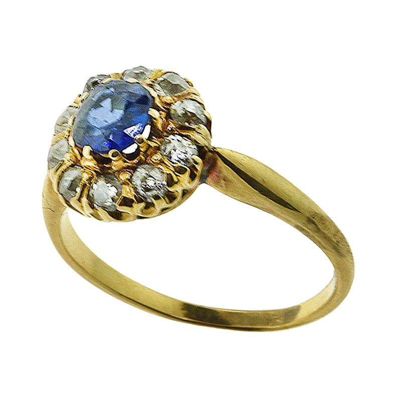 Bague victorienne ancienne en or avec diamants et saphir certifié GIA, sans chaleur