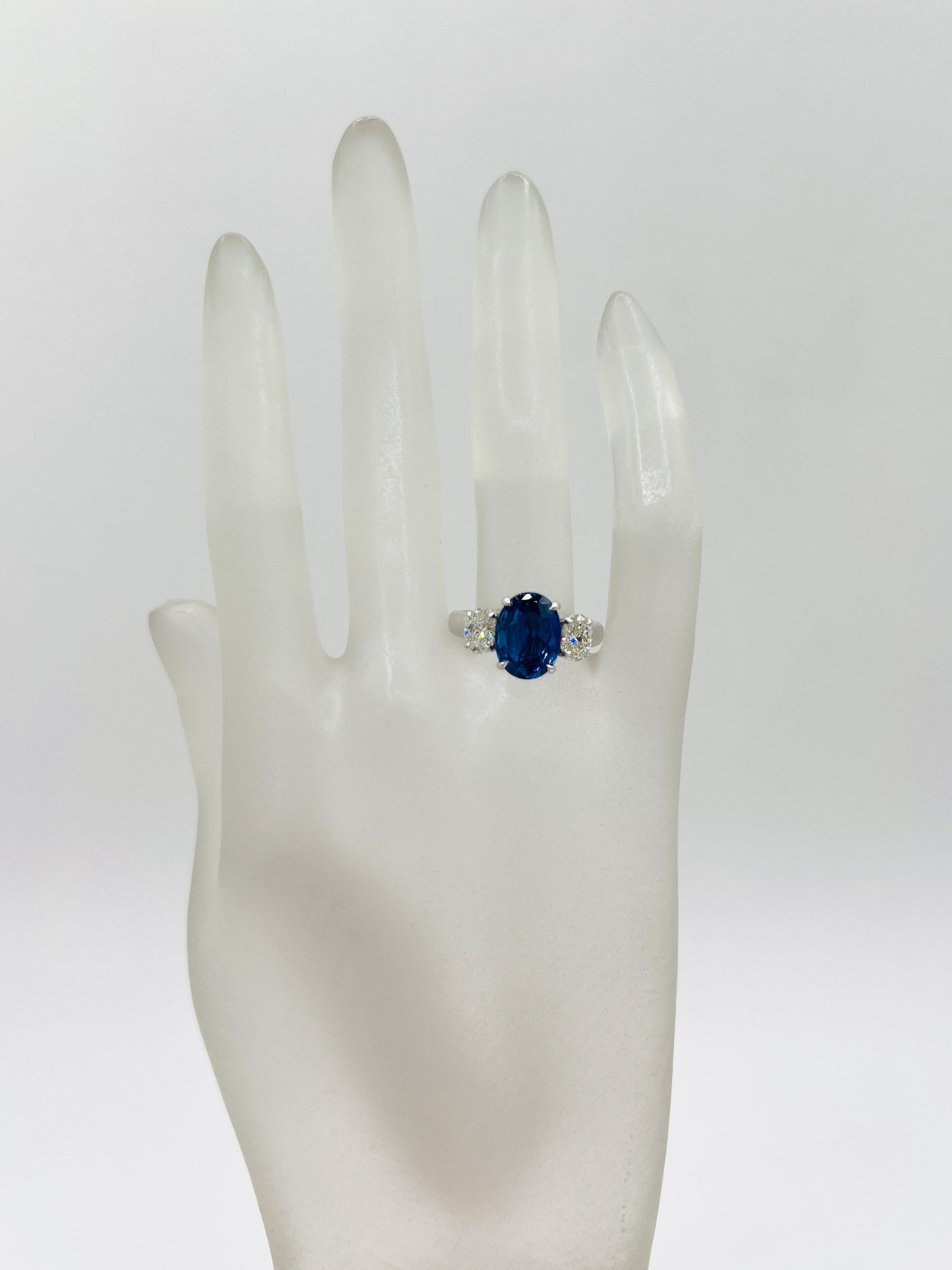 Oval Cut GIA No Heat Sri Lanka Blue Sapphire and White Diamond Ring in 18K White Gold For Sale
