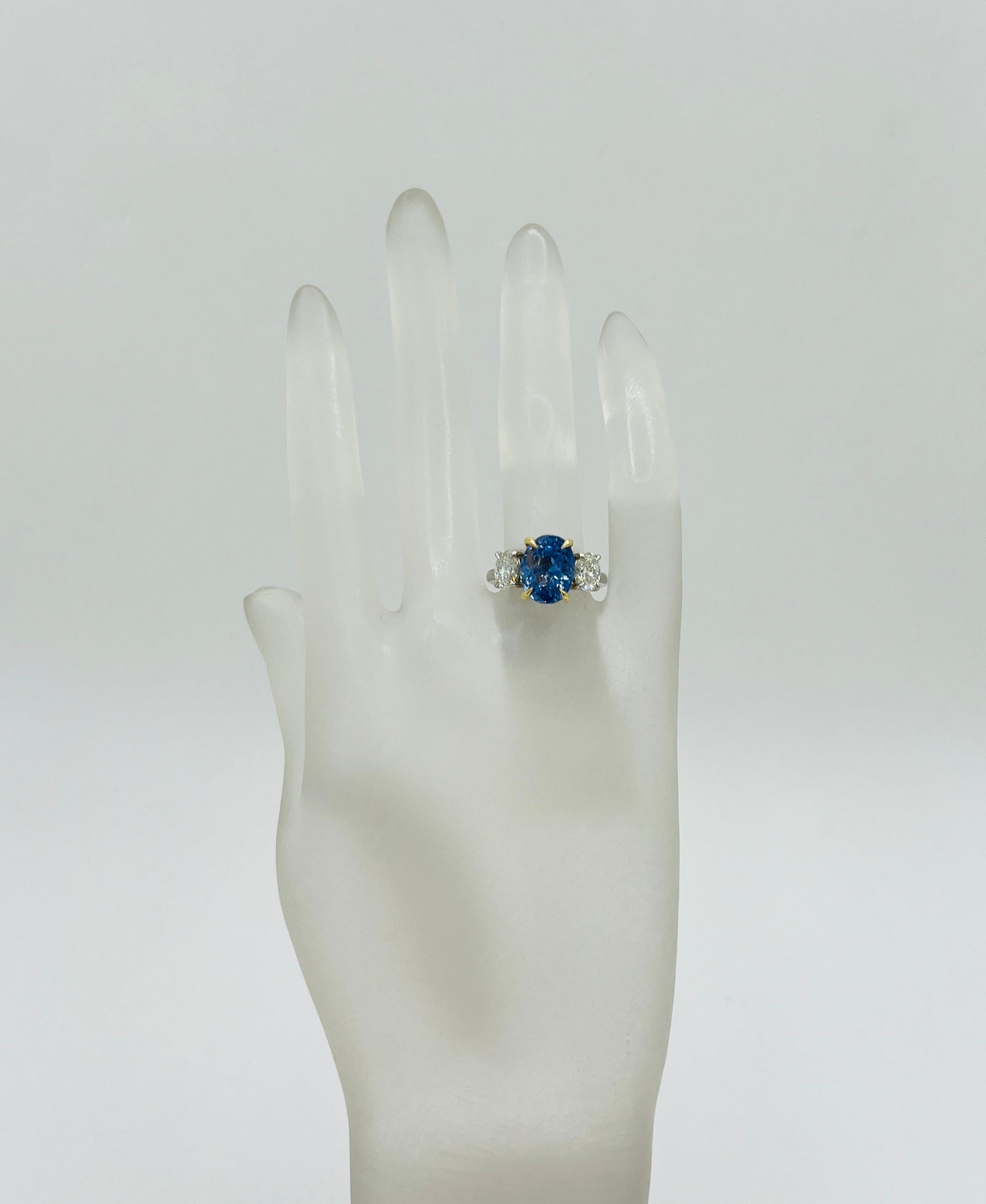 Oval Cut GIA No Heat Sri Lanka Blue Sapphire and White Diamond Three Stone Ring
