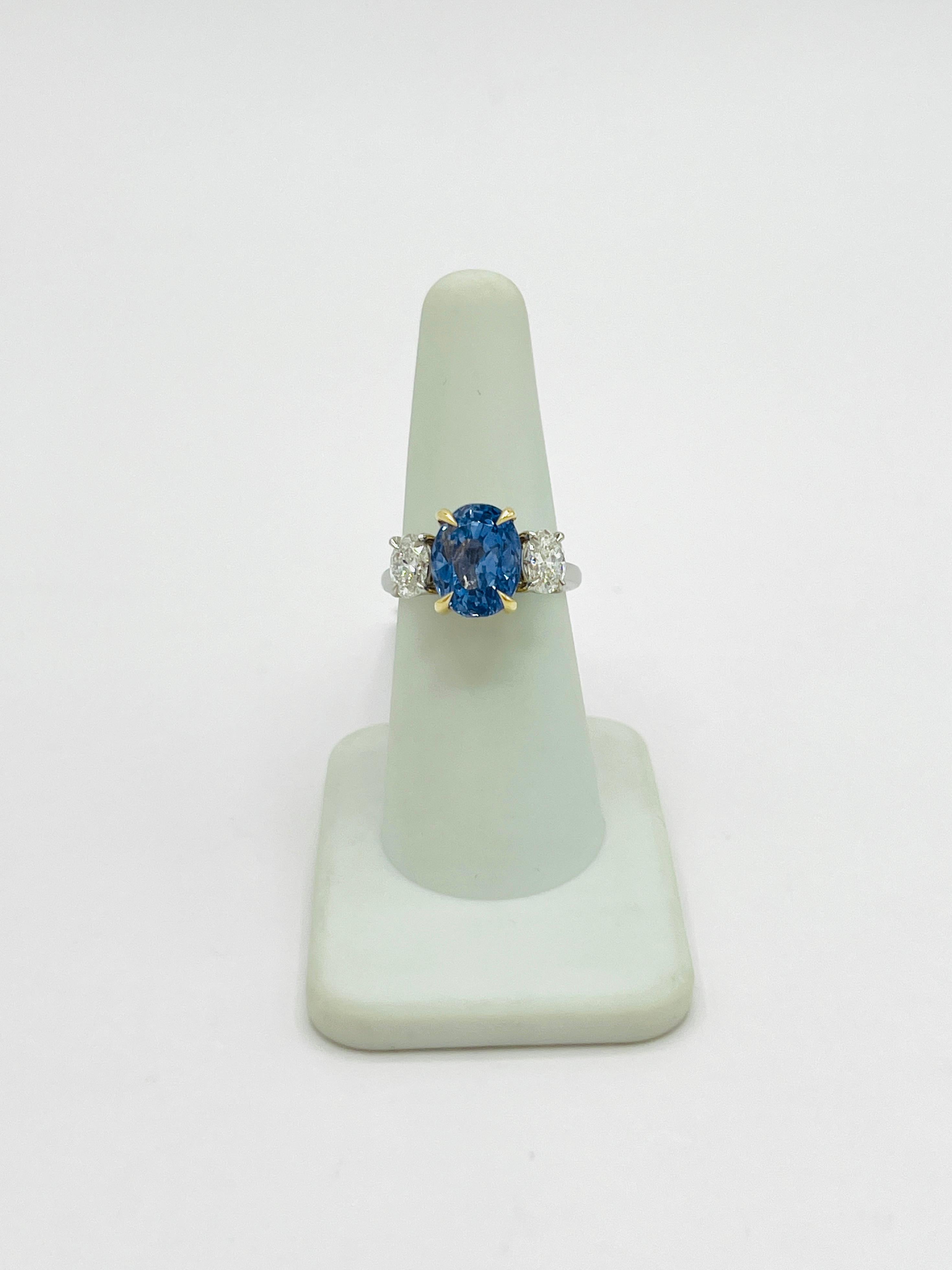 GIA No Heat Sri Lanka Blue Sapphire and White Diamond Three Stone Ring In New Condition In Los Angeles, CA