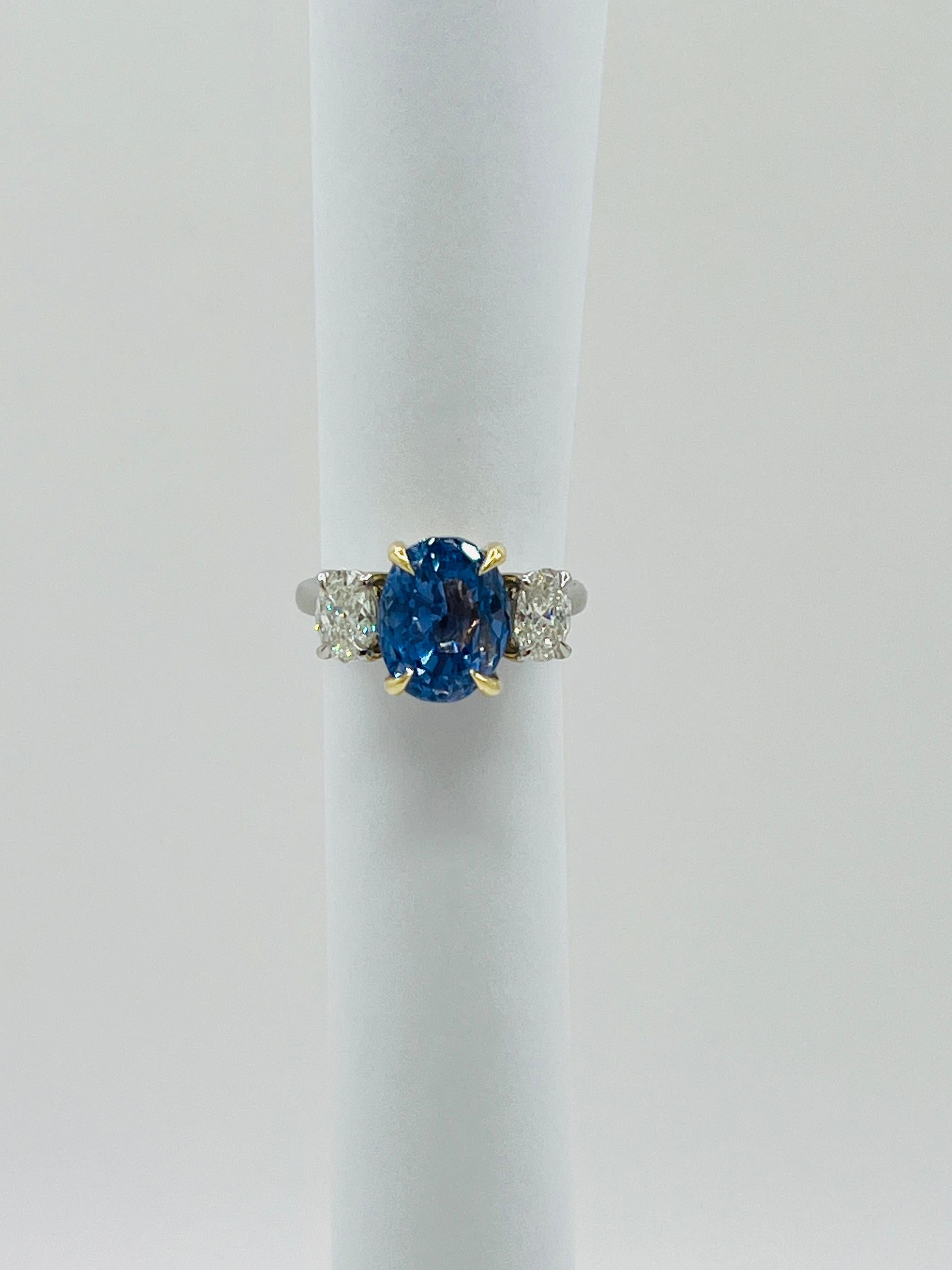 Women's or Men's GIA No Heat Sri Lanka Blue Sapphire and White Diamond Three Stone Ring