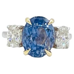 GIA No Heat Sri Lanka Blue Sapphire and White Diamond Three Stone Ring