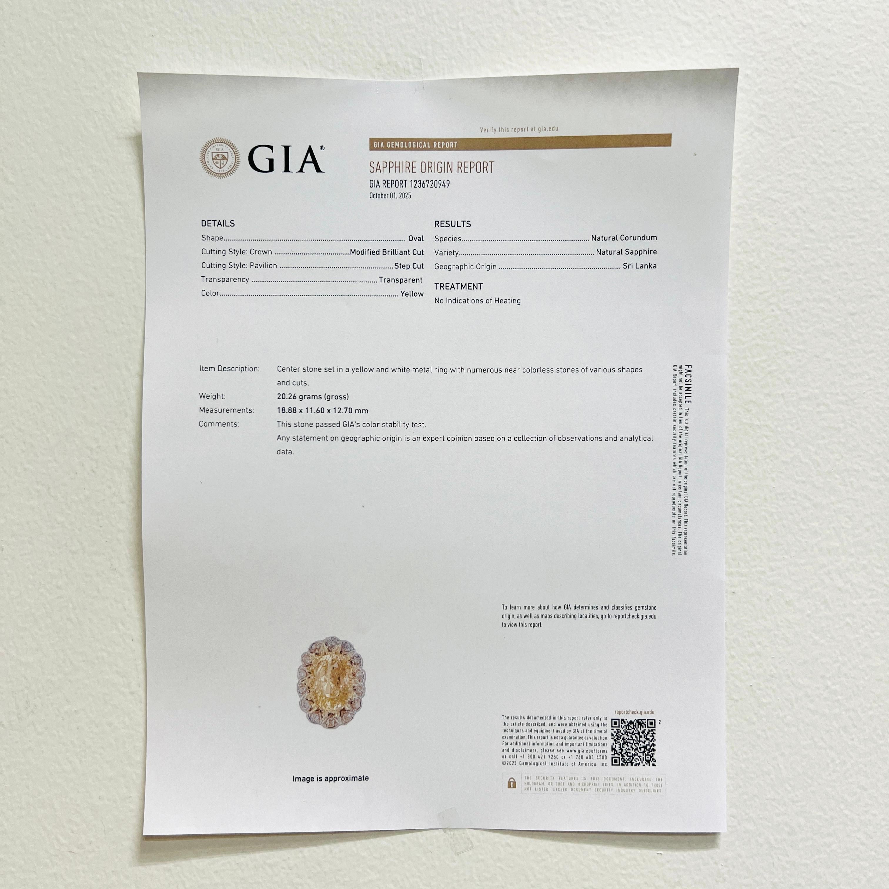 GIA Anello ovale con zaffiro giallo dello Sri Lanka senza calore in oro giallo 14K e argento in vendita 5