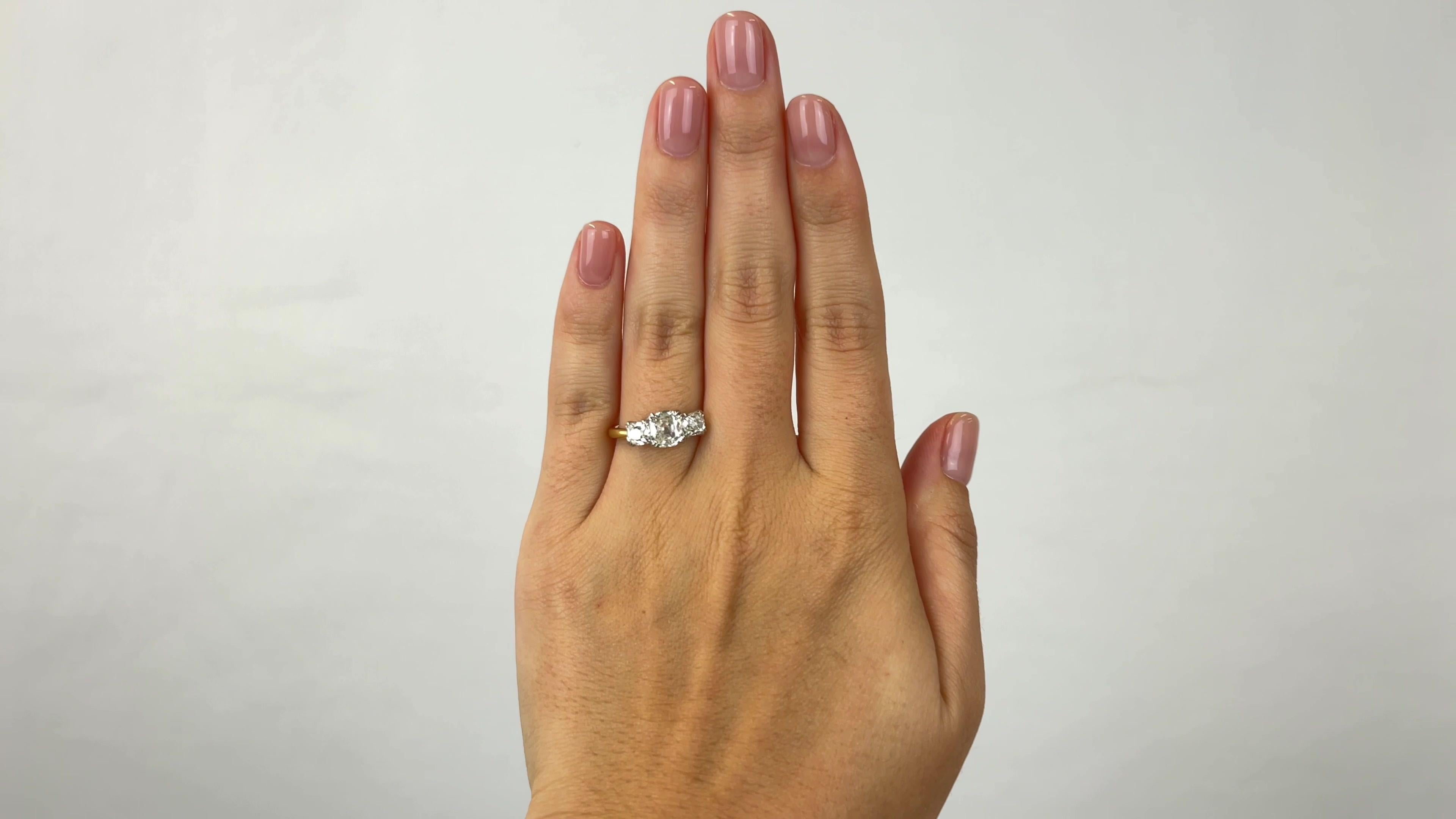 One Jack Weir and Sons GIA Old Cut Diamond 18k Gold Three Stone Engagement Ring. Featuring one GIA certified 1.13 carat cushion cut brilliant diamond accompanied with certificate #6227077214 stating the diamond is I color, VS2 clarity. Accented by