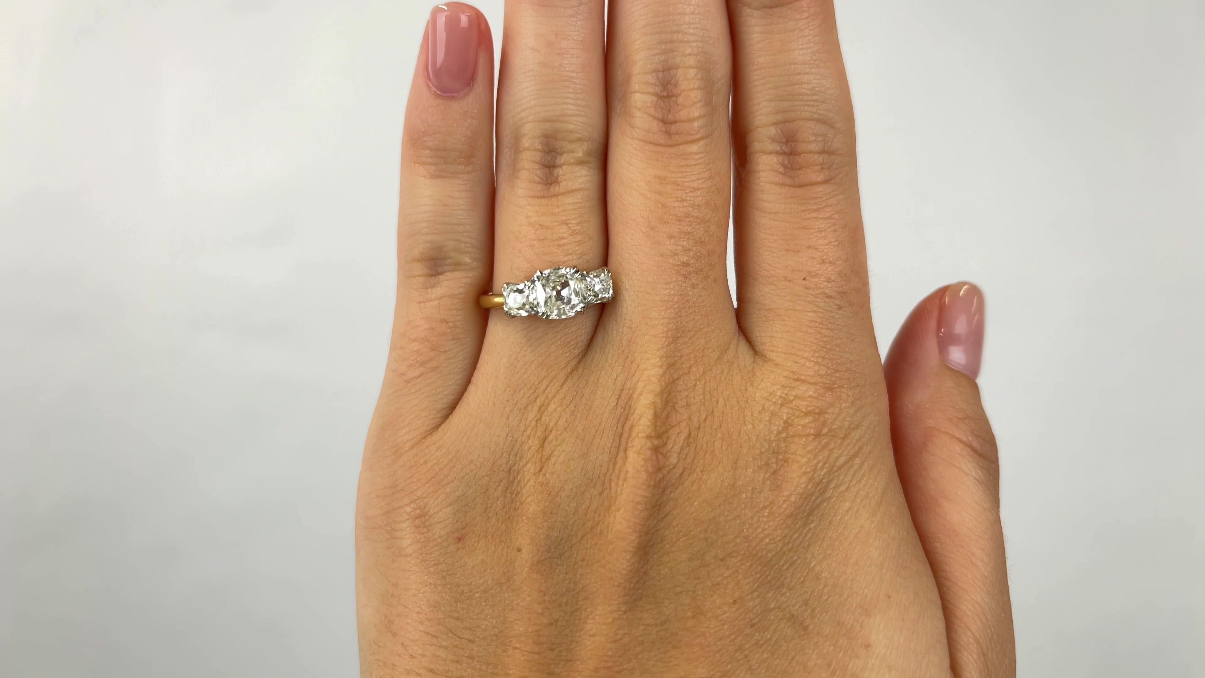 Cushion Cut GIA Old Cut Diamond 18 Karat Gold Three Stone Engagement Ring