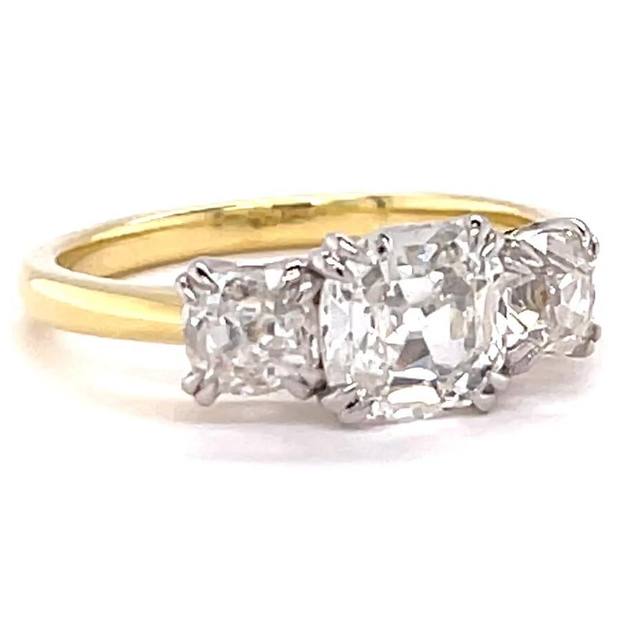 GIA Old Cut Diamond 18 Karat Gold Three Stone Engagement Ring In Excellent Condition In Beverly Hills, CA