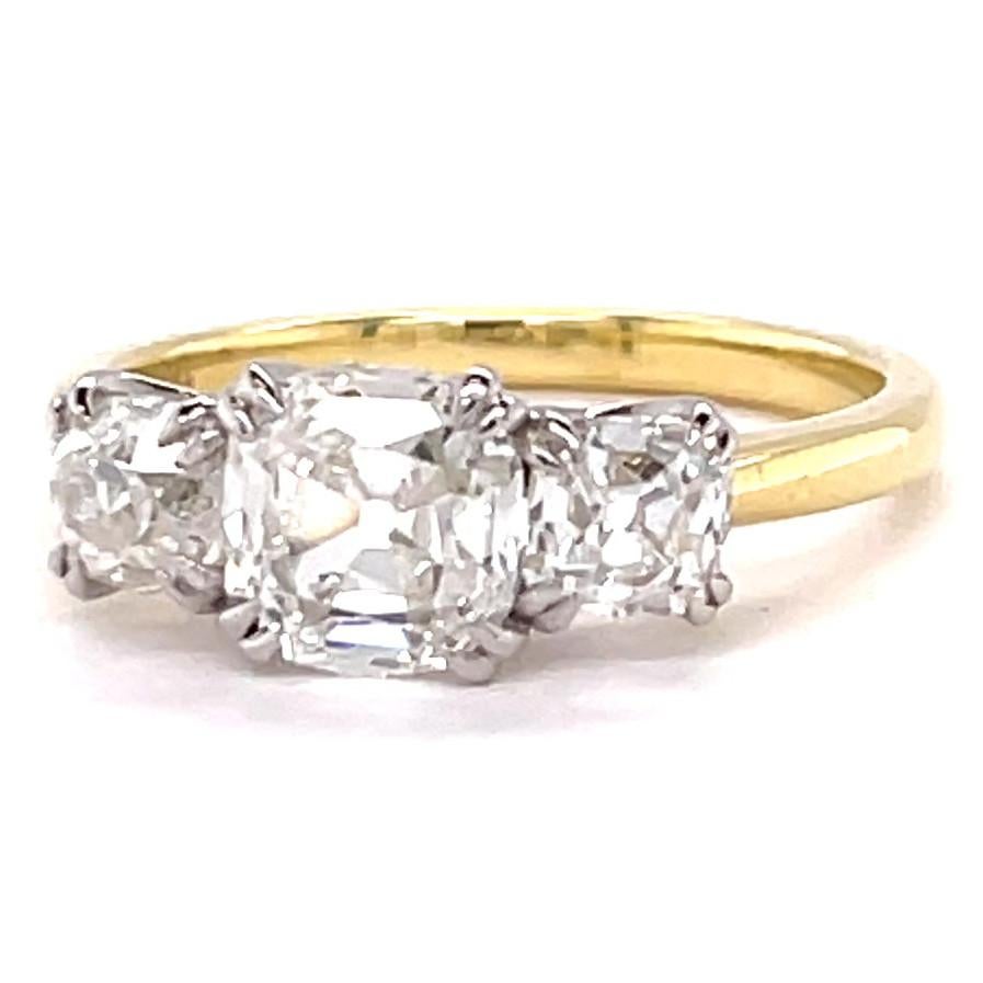 Women's or Men's GIA Old Cut Diamond 18 Karat Gold Three Stone Engagement Ring