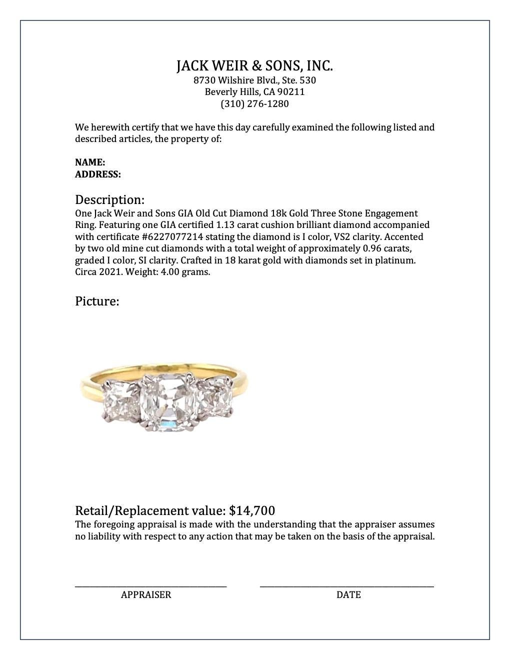 GIA Old Cut Diamond 18 Karat Gold Three Stone Engagement Ring 3