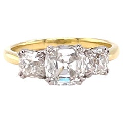 GIA Old Cut Diamond 18 Karat Gold Three Stone Engagement Ring