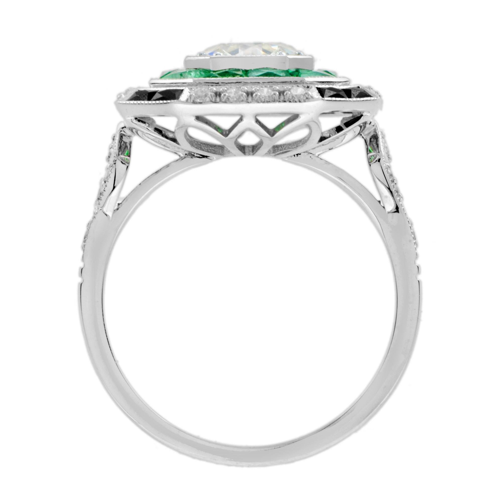 GIA Old Cut Diamond  Emerald Onyx Octagonal Shape Engagement Ring in 18k Gold 5