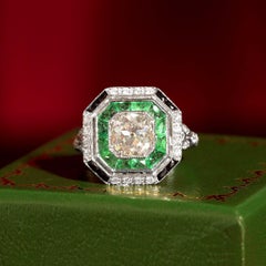 GIA Old Cut Diamond  Emerald Onyx Octagonal Shape Engagement Ring in 18k Gold