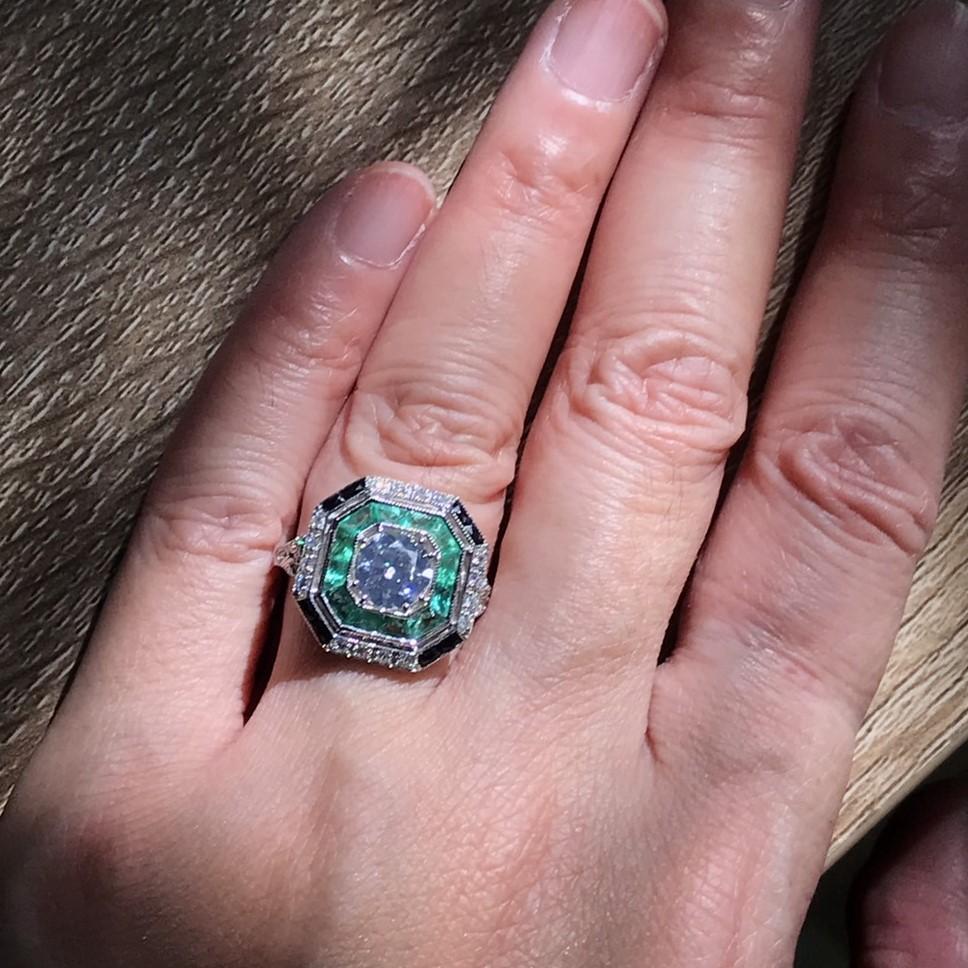 GIA Altschliff-Diamant  Smaragd Onyx Achteckige Form Verlobungsring in 18k Gold (Alteuropäischer Schliff)