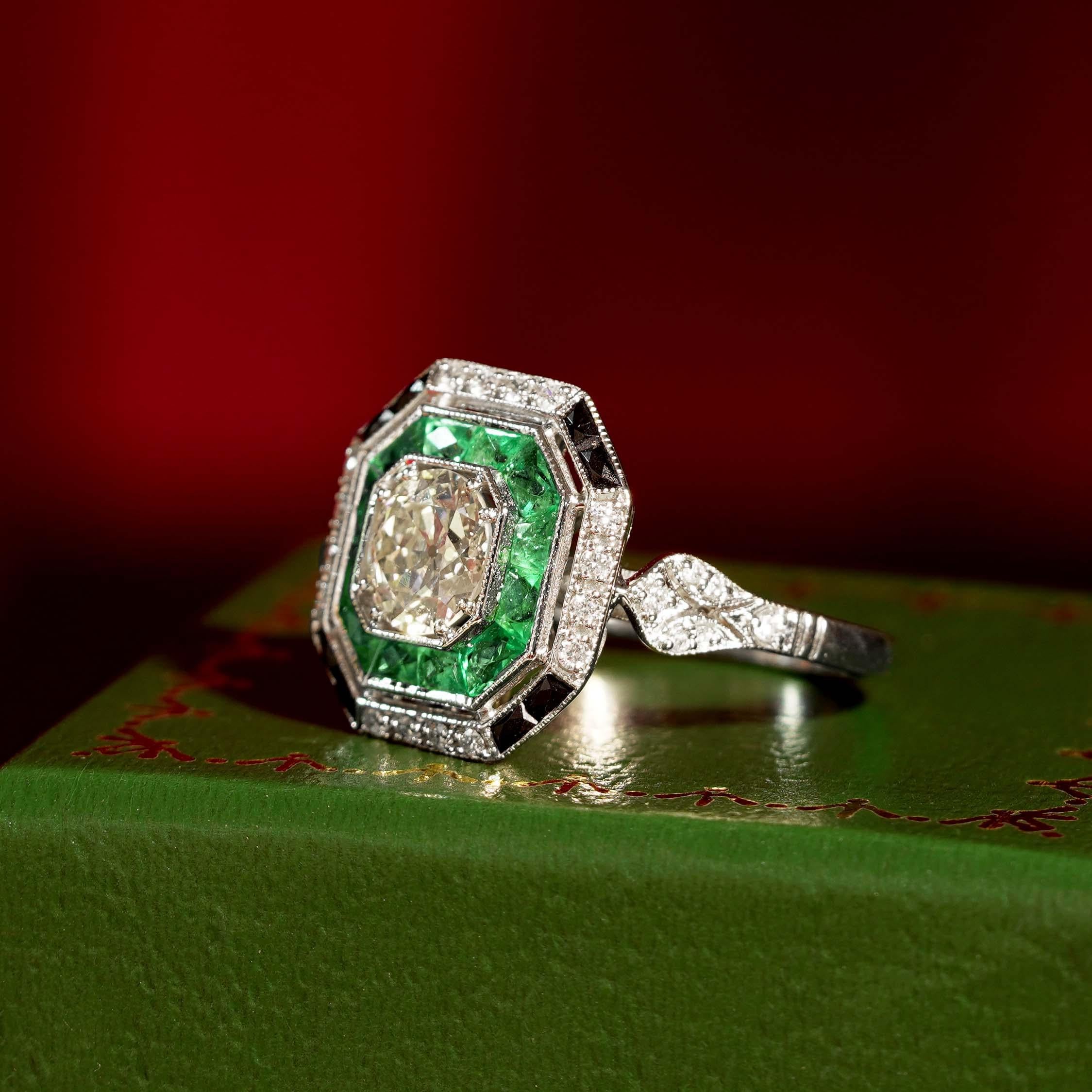 Old European Cut GIA Old Cut Diamond  Emerald Onyx Octagonal Shape Engagement Ring in 18k Gold