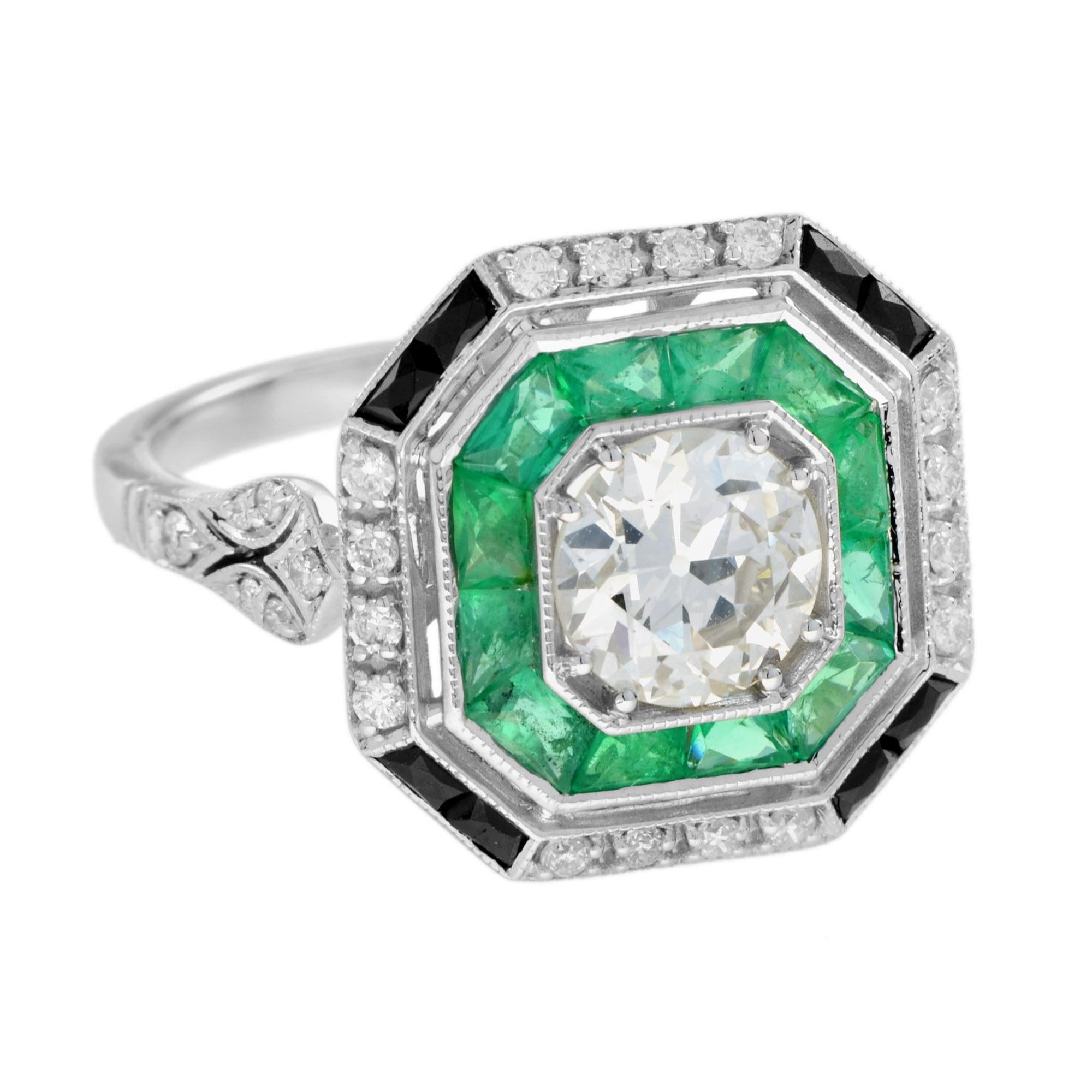 GIA Old Cut Diamond  Emerald Onyx Octagonal Shape Engagement Ring in 18k Gold 2