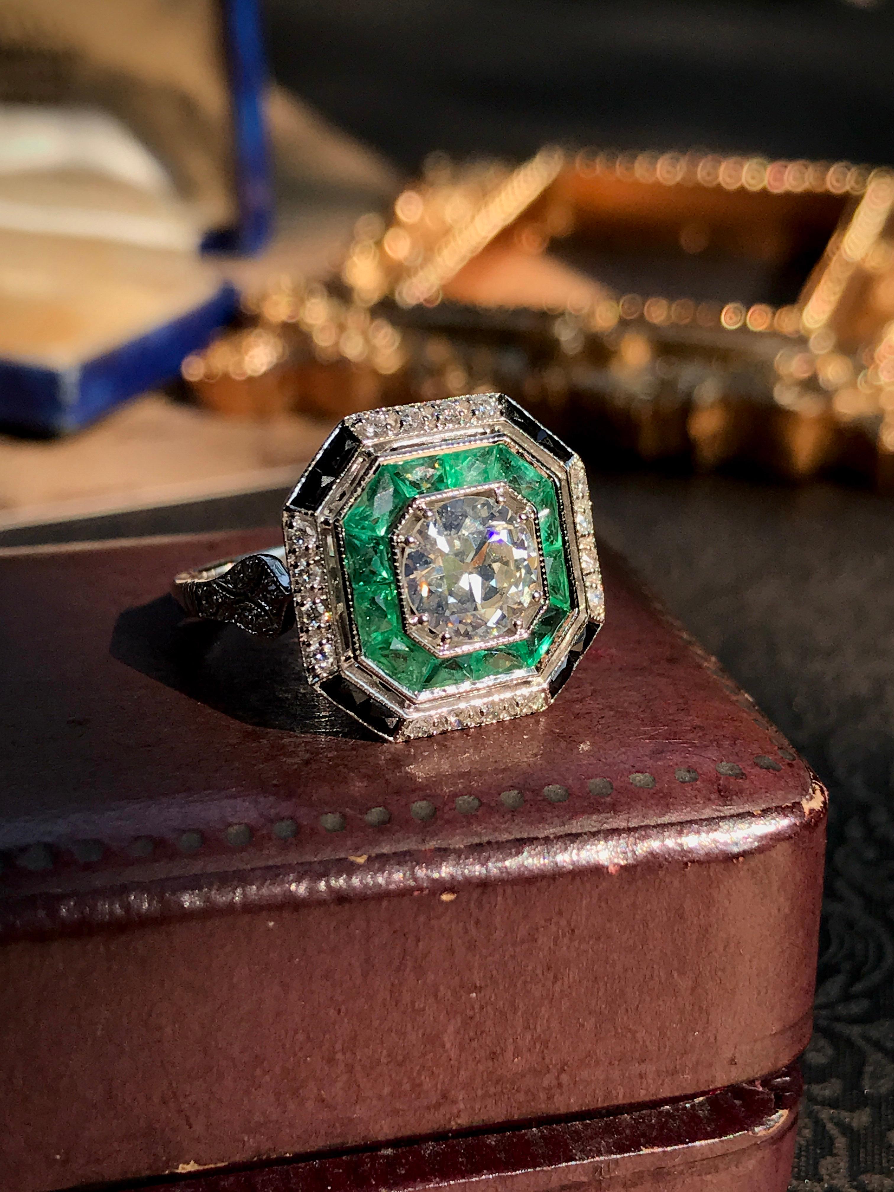 GIA Old Cut Diamond  Emerald Onyx Octagonal Shape Engagement Ring in 18k Gold 1