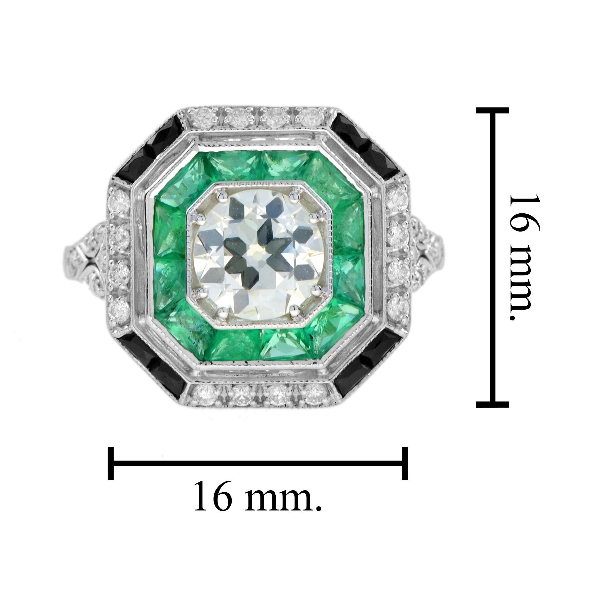 GIA Old Cut Diamond  Emerald Onyx Octagonal Shape Engagement Ring in 18k Gold 6
