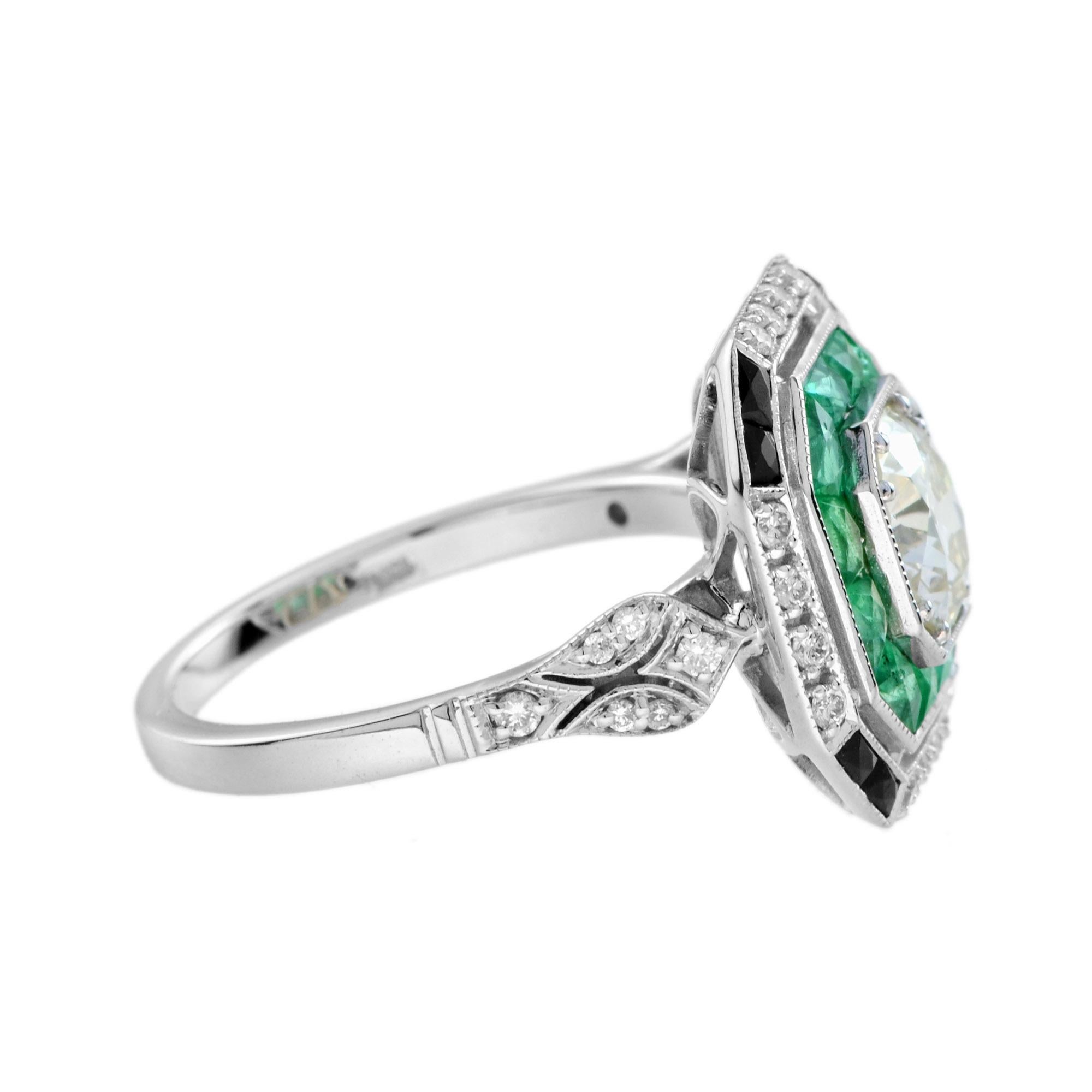 GIA Old Cut Diamond  Emerald Onyx Octagonal Shape Engagement Ring in 18k Gold 3