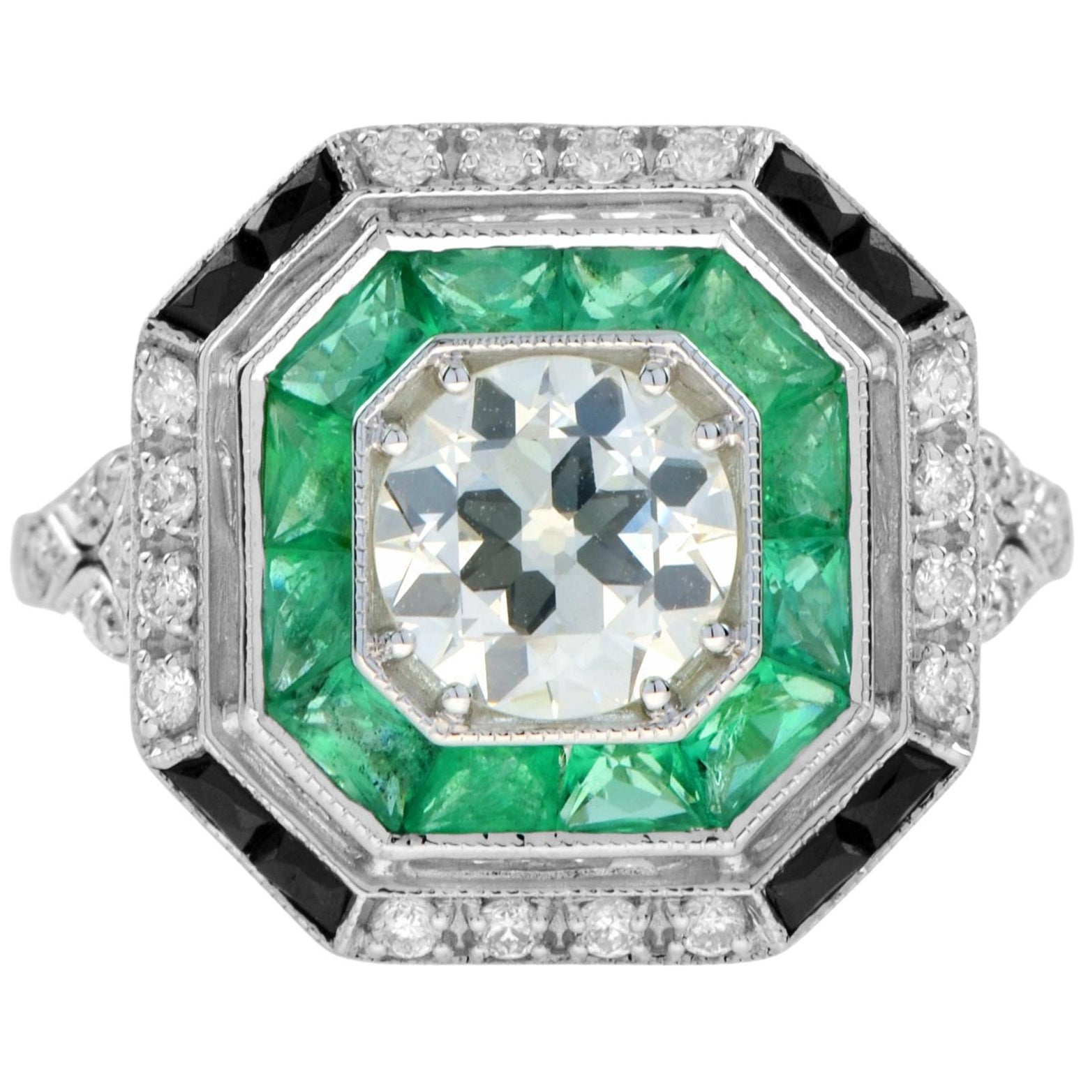 GIA Altschliff-Diamant  Smaragd Onyx Achteckige Form Verlobungsring in 18k Gold