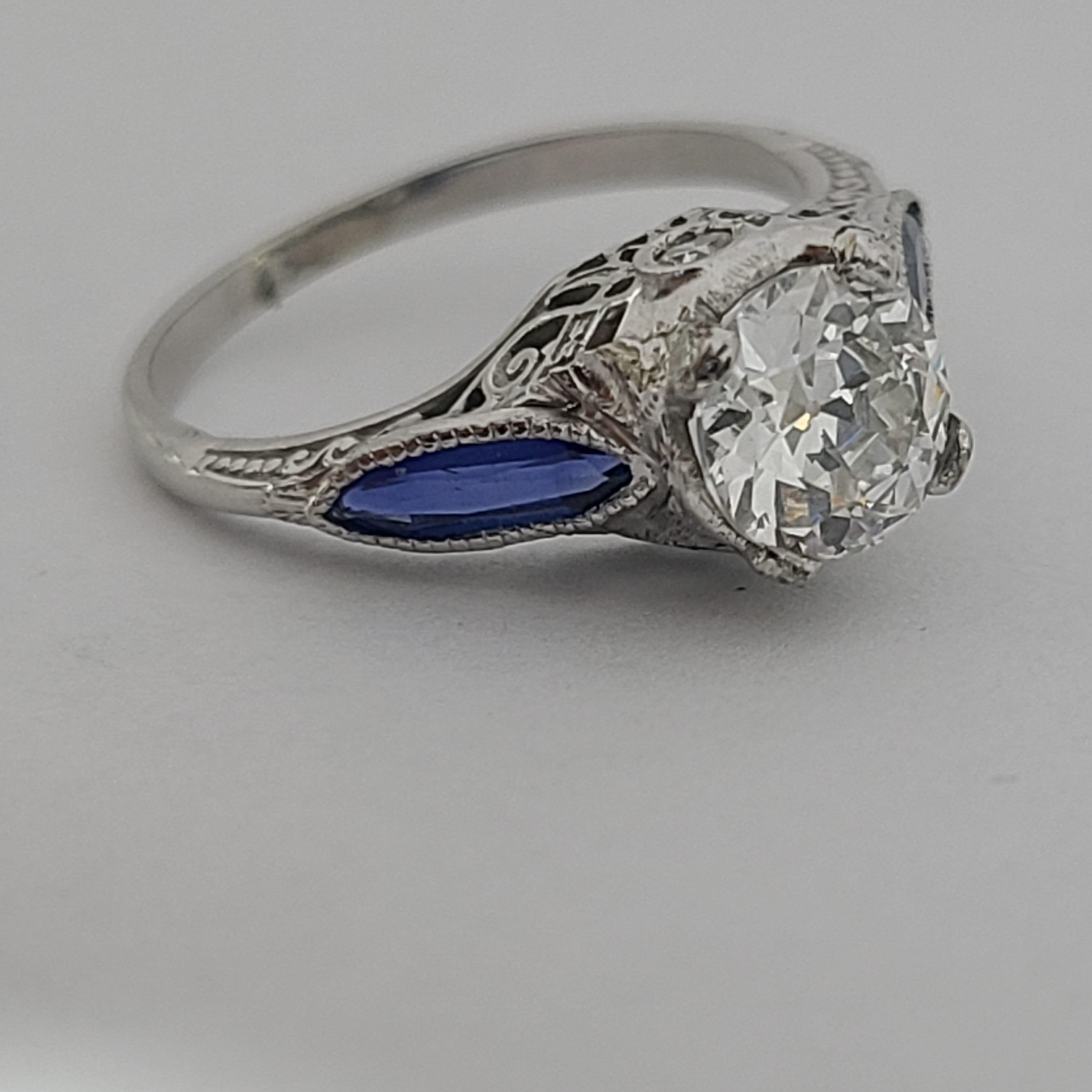 GIA Old Euro 1ct F SI1 18k White Gold Sapphire Antique Art Deco Engagement Ring In Good Condition For Sale In St. Petersburg, FL