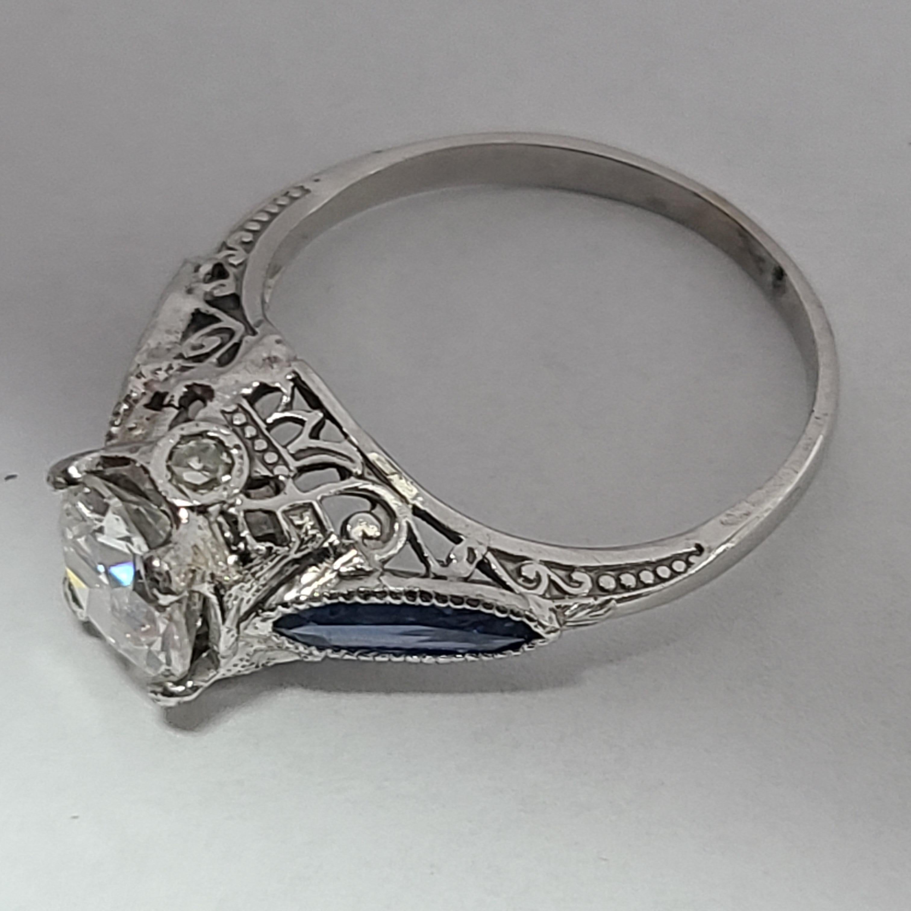 GIA Old Euro 1ct F SI1 18k White Gold Sapphire Antique Art Deco Engagement Ring For Sale 1