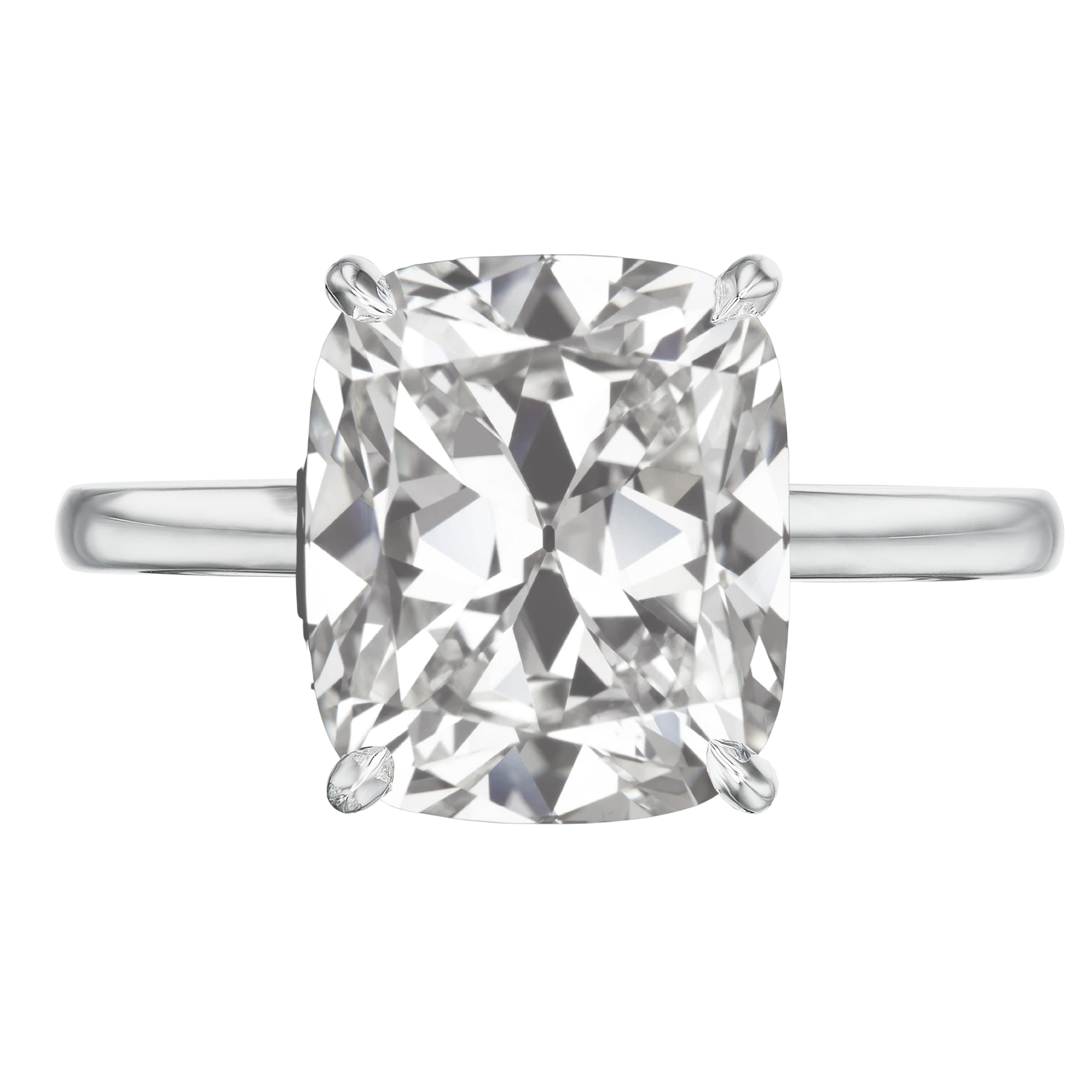 Modern GIA  Old Mine Cushion Solitaire 4 Carat Engagement Platinum Ring For Sale