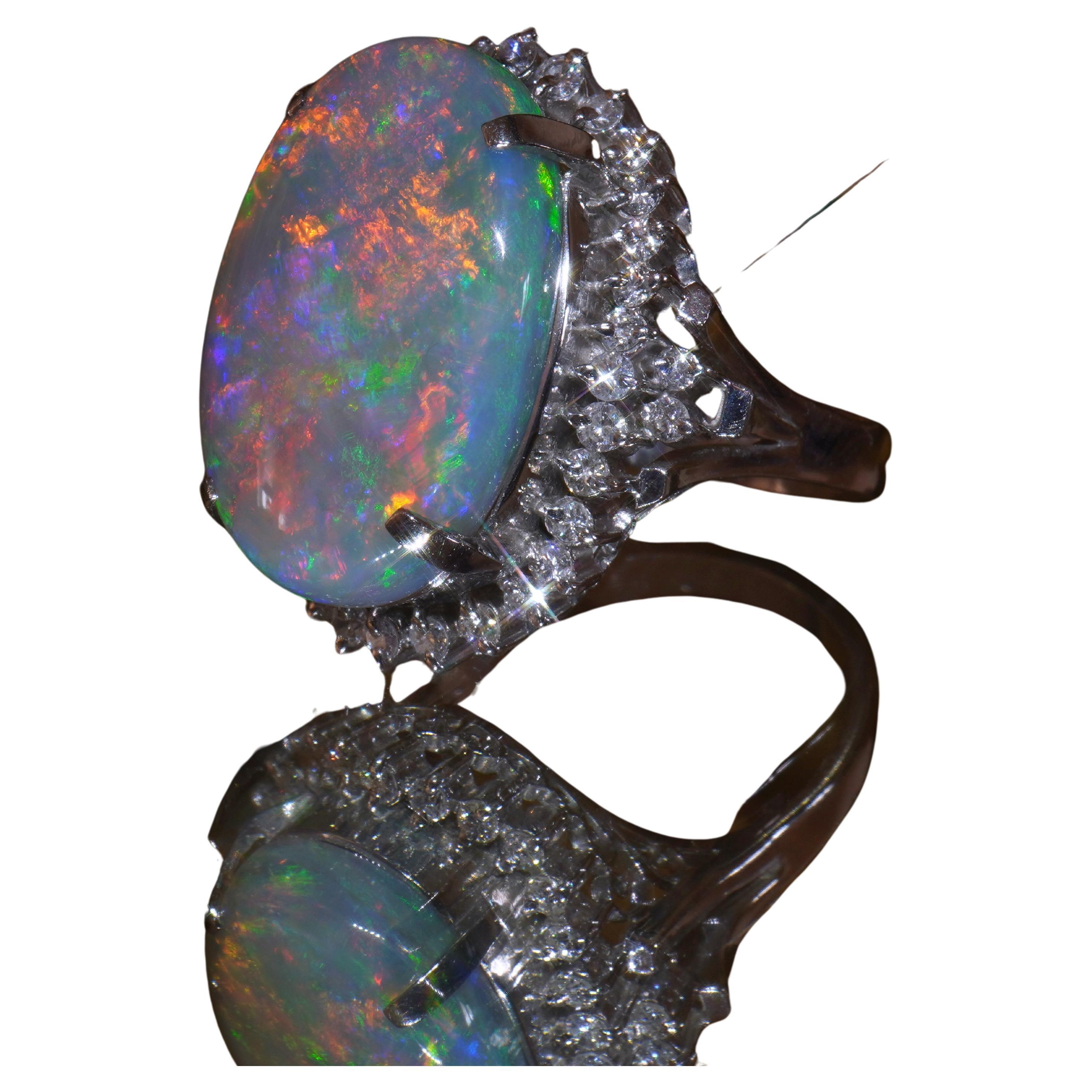 Oval Cut GIA Opal Australian Diamond Platinum Vintage Ring Solid Rainbow Huge 12.52 Cts! For Sale