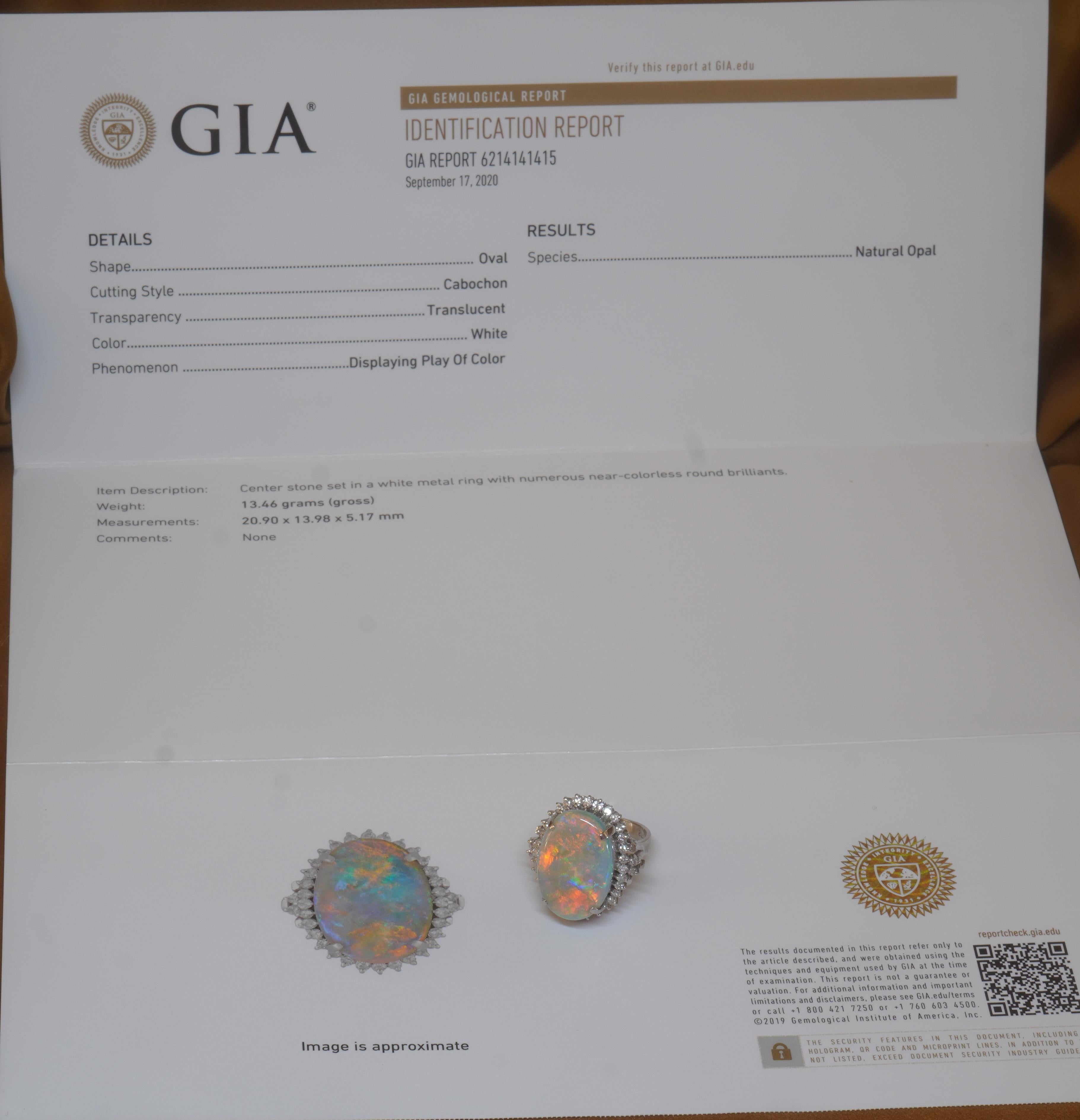 GIA Opal Australian Diamond Platinum Vintage Ring Solid Rainbow Huge 12.52 Cts! In Good Condition For Sale In Sylvania, GA